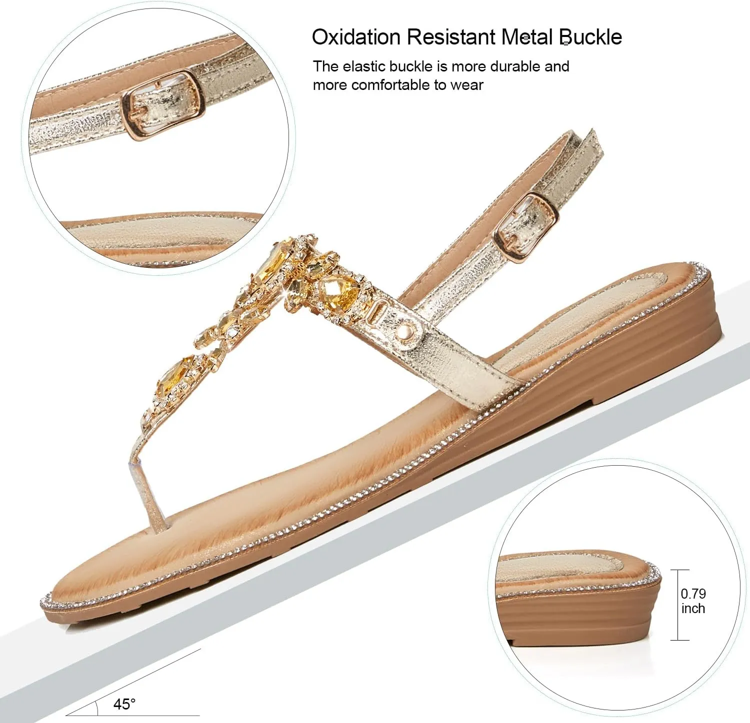 iCKER Women Rhinestone Sandals T-Strap Buckle Bohemian Pearl Crystal Flat Sandals