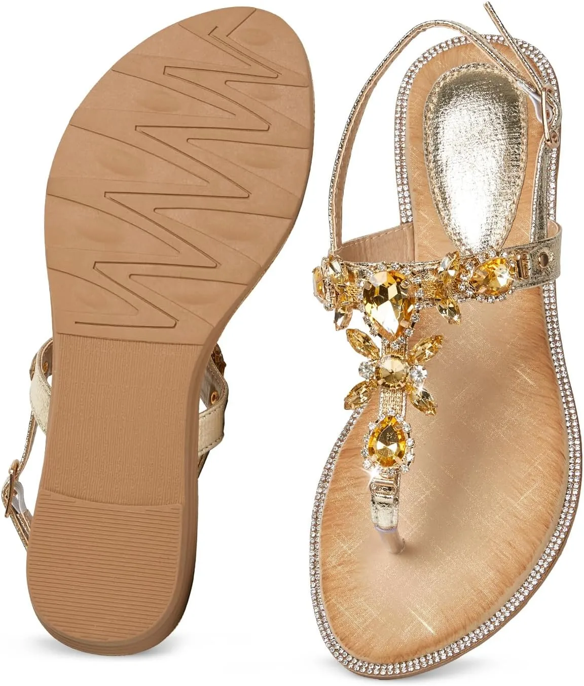 iCKER Women Rhinestone Sandals T-Strap Buckle Bohemian Pearl Crystal Flat Sandals