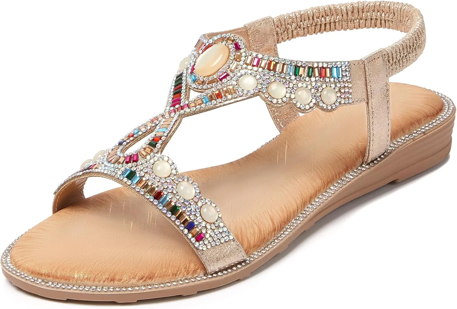 iCKER Women Rhinestone Sandals T-Strap Buckle Bohemian Pearl Crystal Flat Sandals
