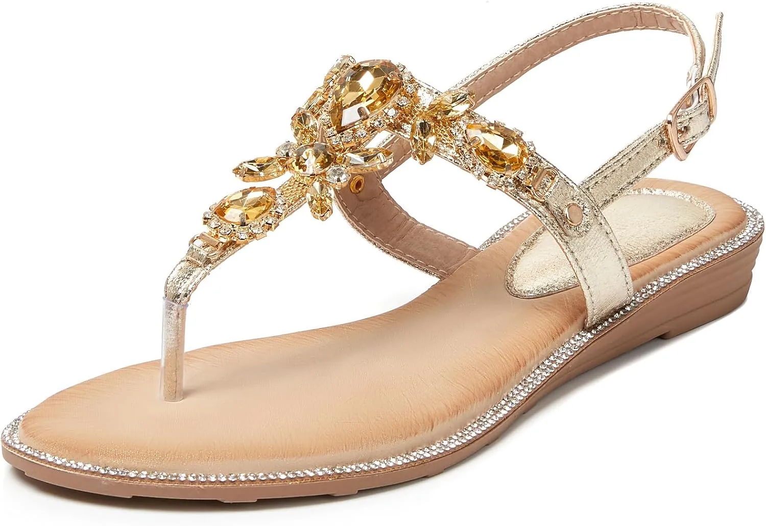 iCKER Women Rhinestone Sandals T-Strap Buckle Bohemian Pearl Crystal Flat Sandals