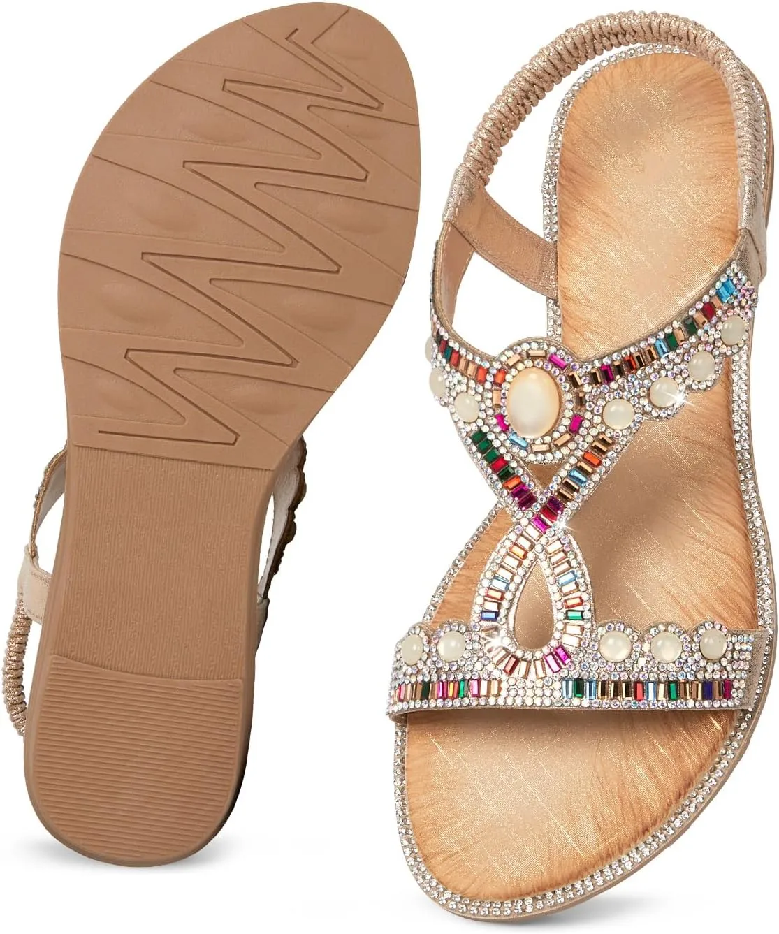 iCKER Women Rhinestone Sandals T-Strap Buckle Bohemian Pearl Crystal Flat Sandals