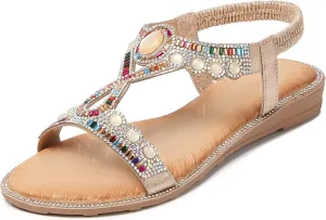 iCKER Women Rhinestone Sandals T-Strap Buckle Bohemian Pearl Crystal Flat Sandals