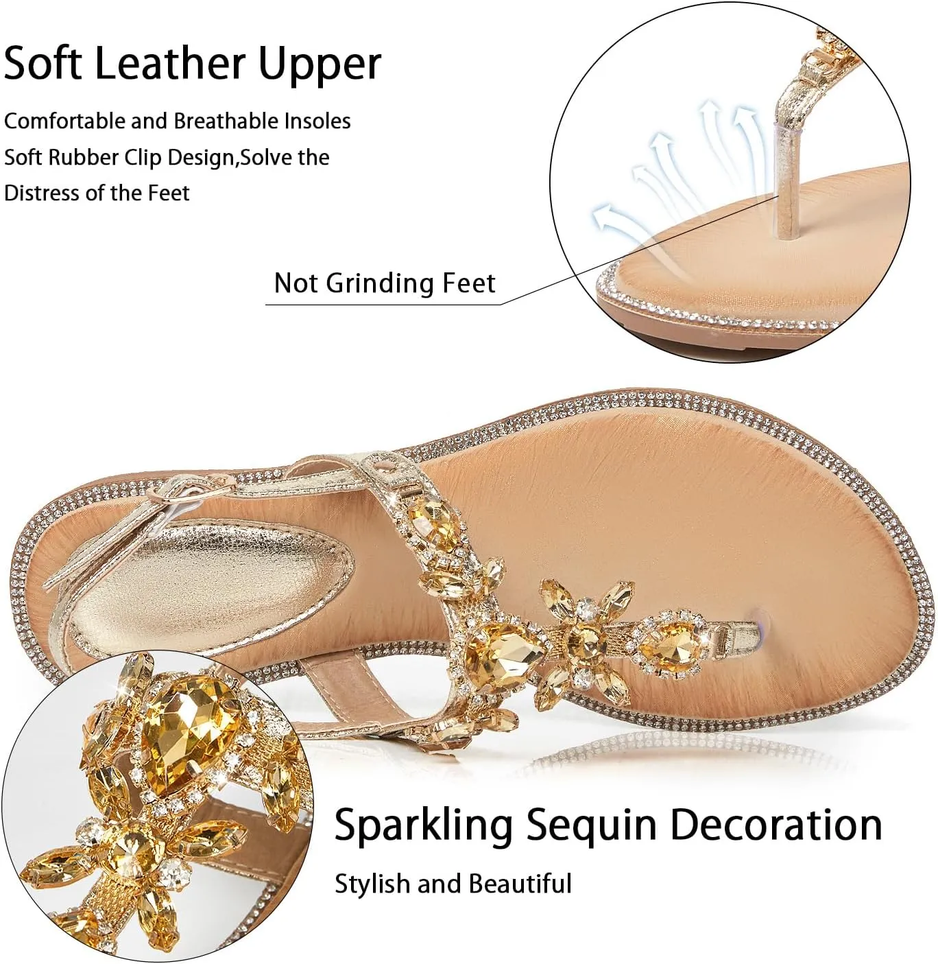 iCKER Women Rhinestone Sandals T-Strap Buckle Bohemian Pearl Crystal Flat Sandals