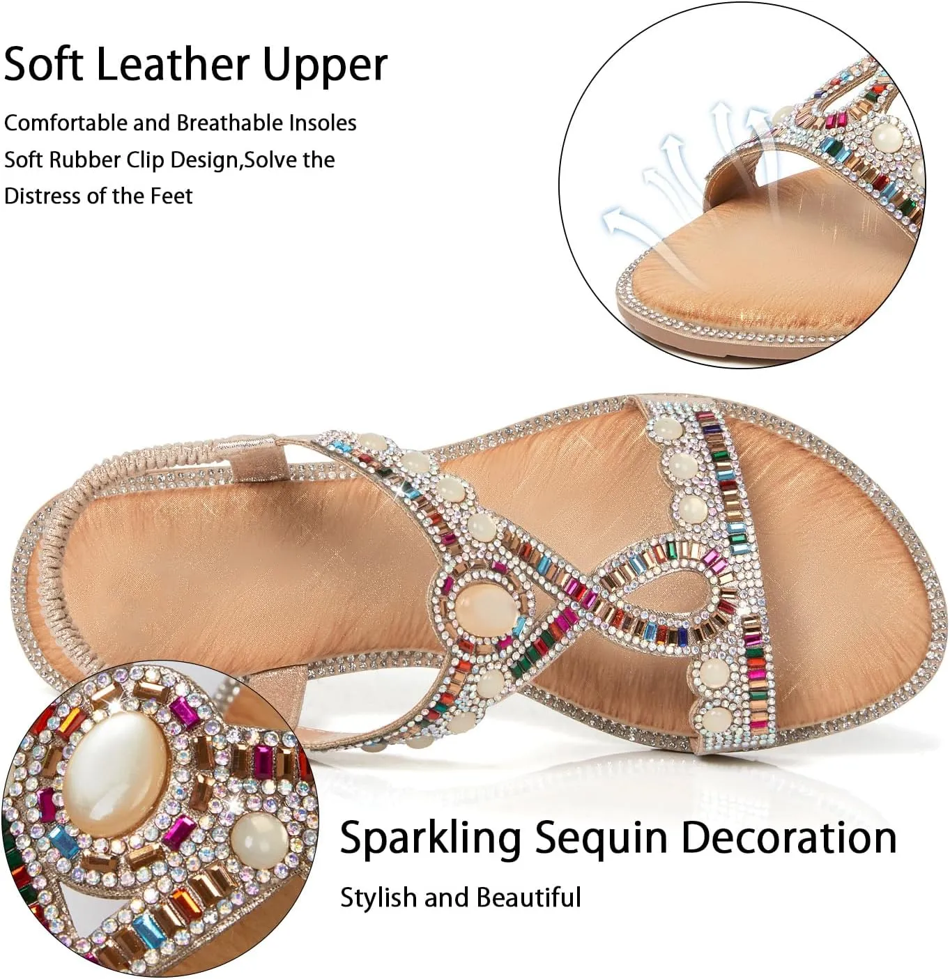iCKER Women Rhinestone Sandals T-Strap Buckle Bohemian Pearl Crystal Flat Sandals