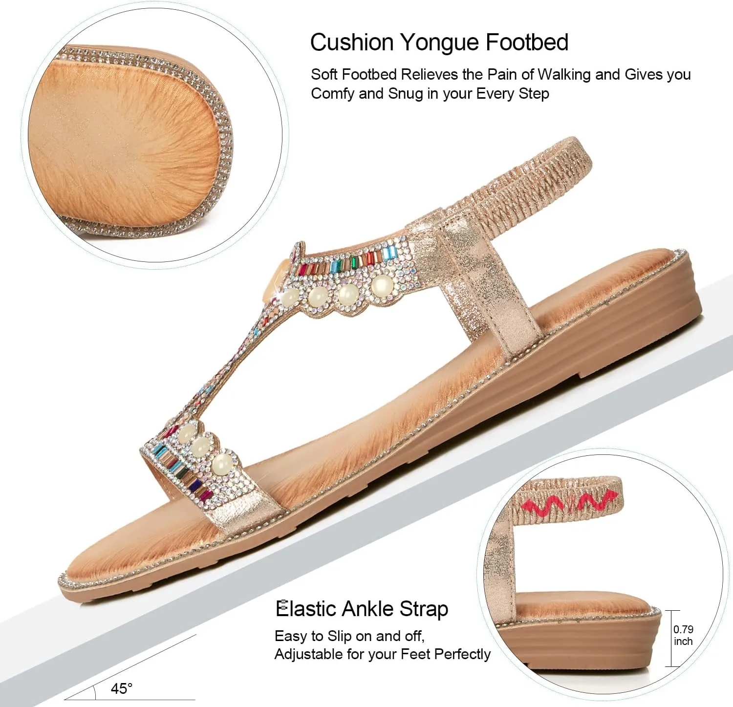 iCKER Women Rhinestone Sandals T-Strap Buckle Bohemian Pearl Crystal Flat Sandals