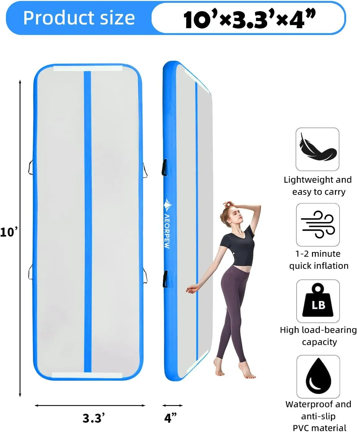 Inflatable Gymnastics Mat, 10ft Thickness Gymnastics Tracks for Home/Gym/Beach/Park/Water/Dail/Use/Tumble/Training/Cheerleading with Air Pump