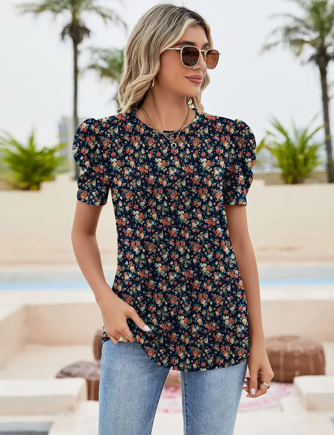 Ivicoer Puff Short Sleeve Shirt for Women Eyelet Tops Summer Crewneck Blouse Loose Fit S-XXL