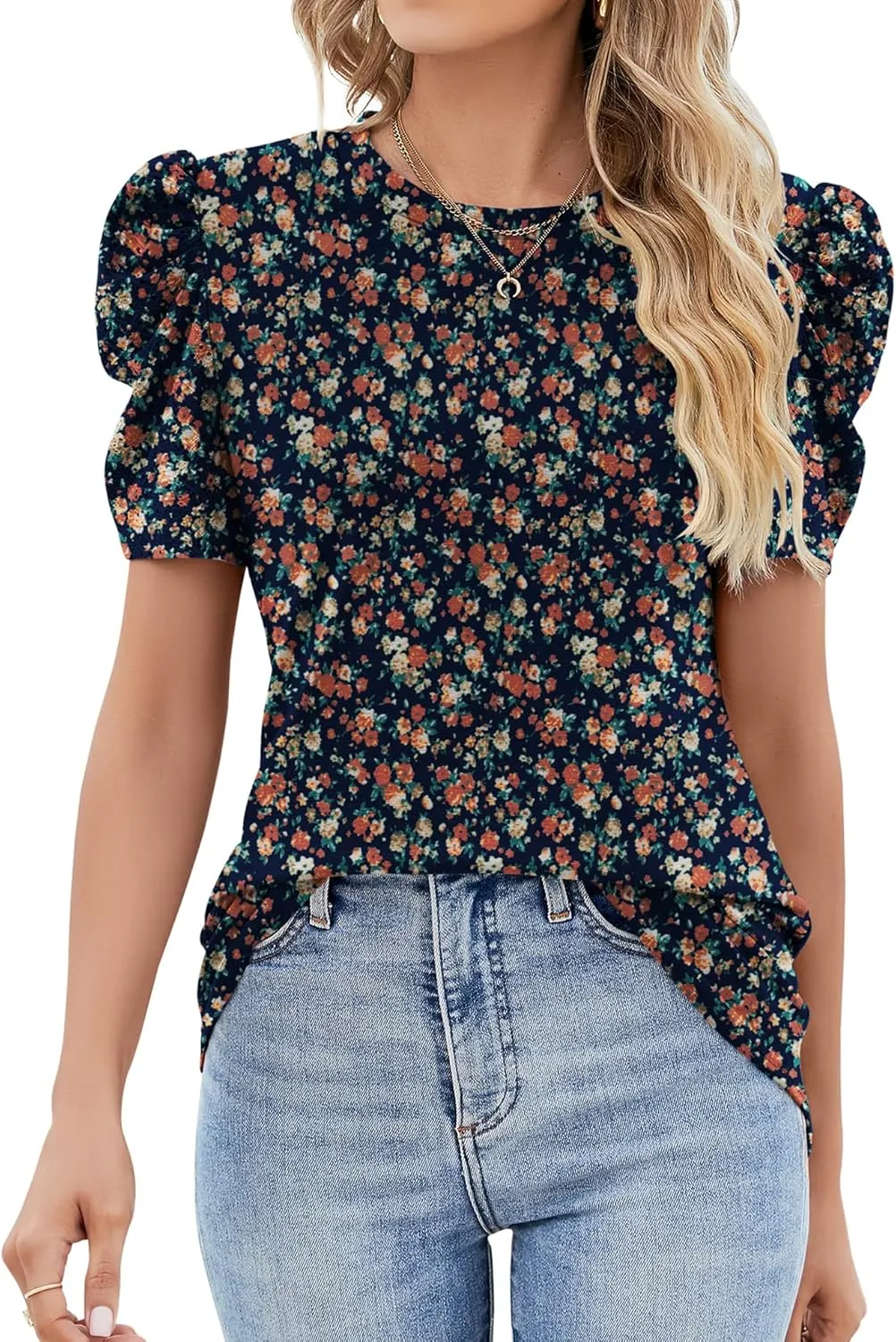 Ivicoer Puff Short Sleeve Shirt for Women Eyelet Tops Summer Crewneck Blouse Loose Fit S-XXL