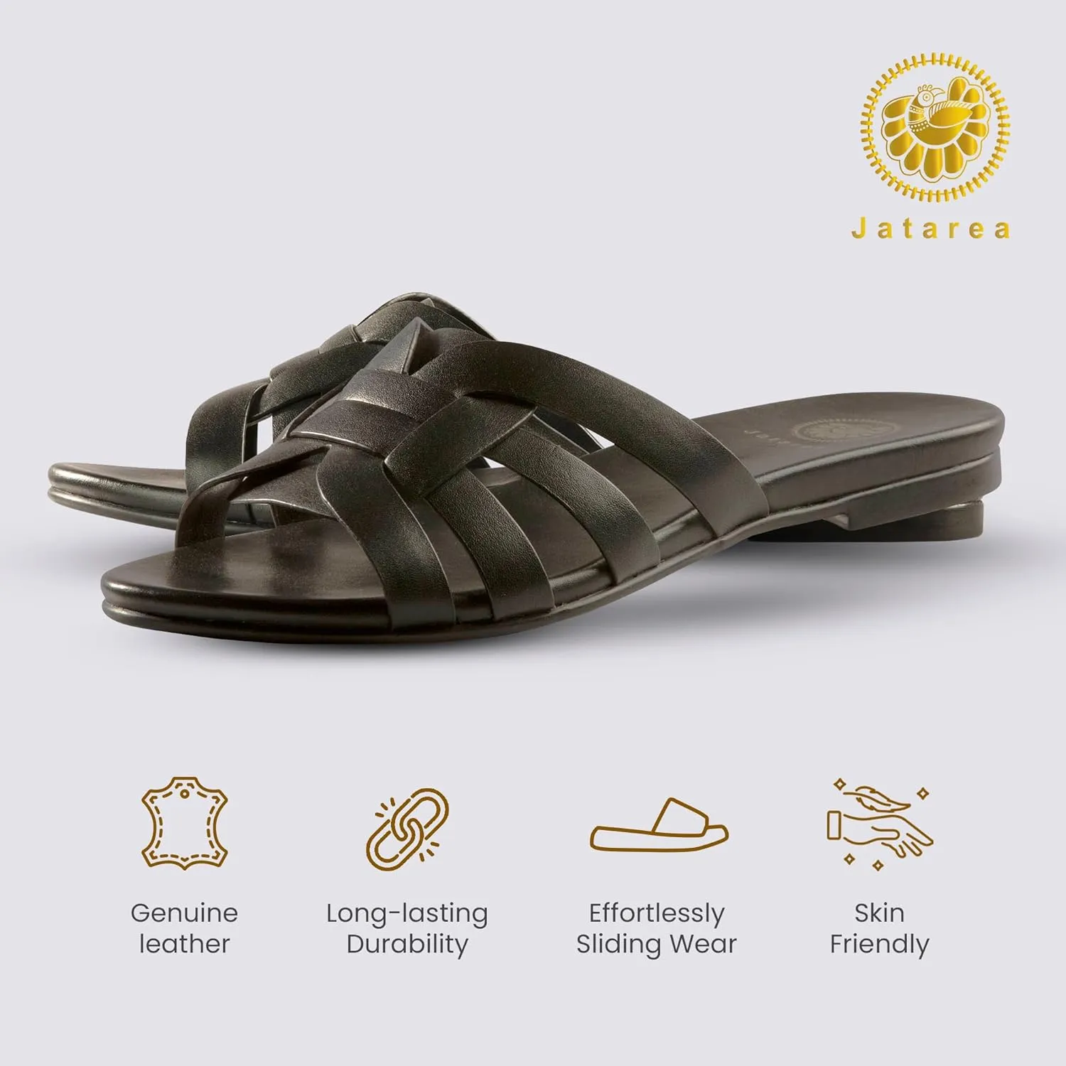 JATAREA Slip-On Flat Leather Slides for Women | Two Strap Open Toe Beach Sandals - BOJRA & ABANTI