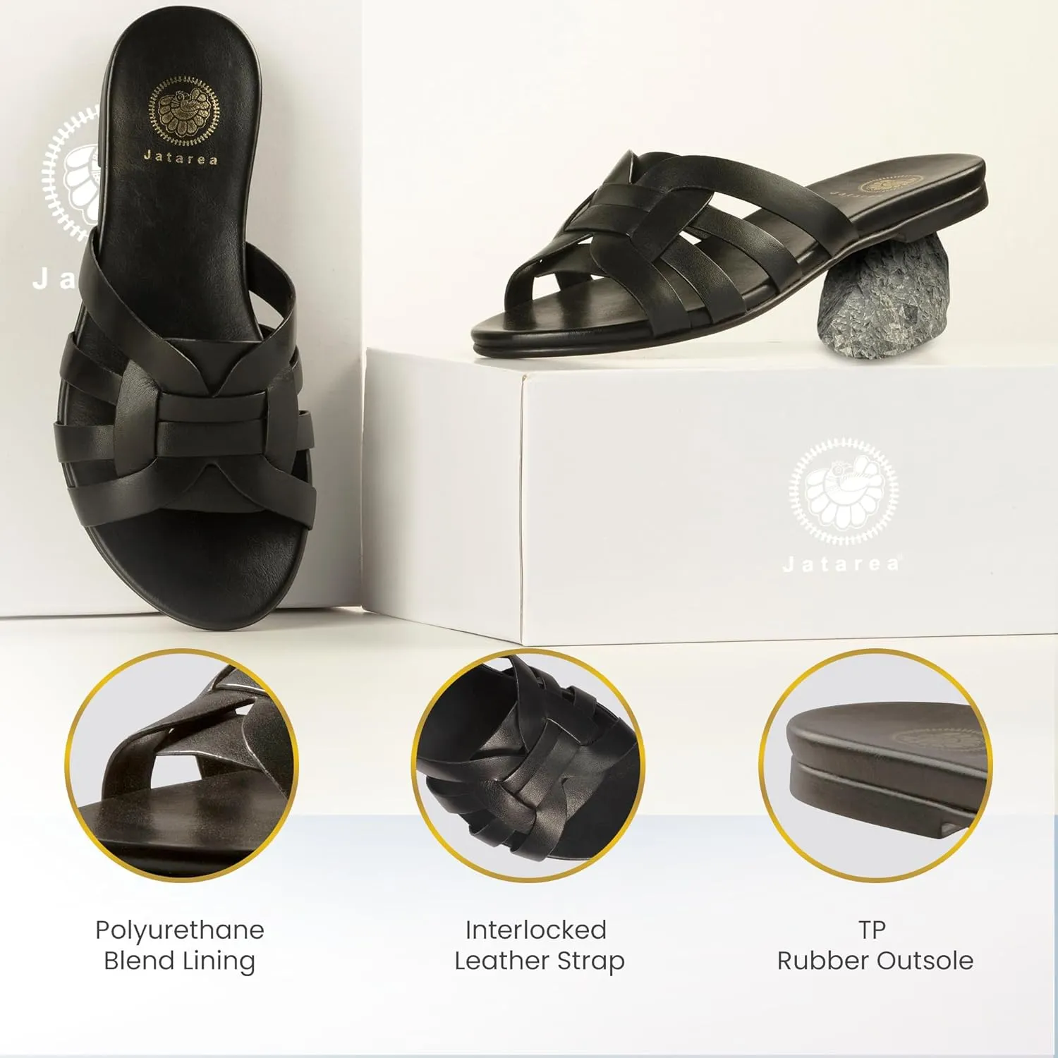 JATAREA Slip-On Flat Leather Slides for Women | Two Strap Open Toe Beach Sandals - BOJRA & ABANTI
