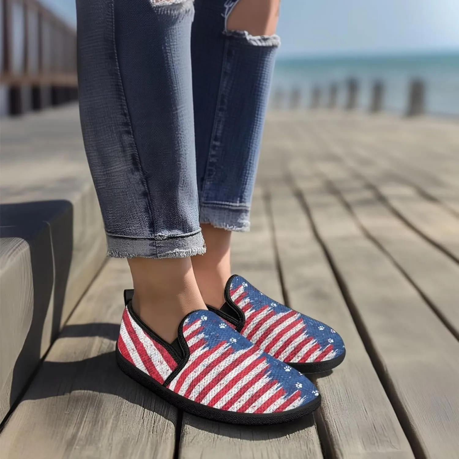 Jeiento American Flag Shoes Women's Slip-On Loafers Mesh Breathable Non Slip Lady Road Running Shoes Workout Sneakers