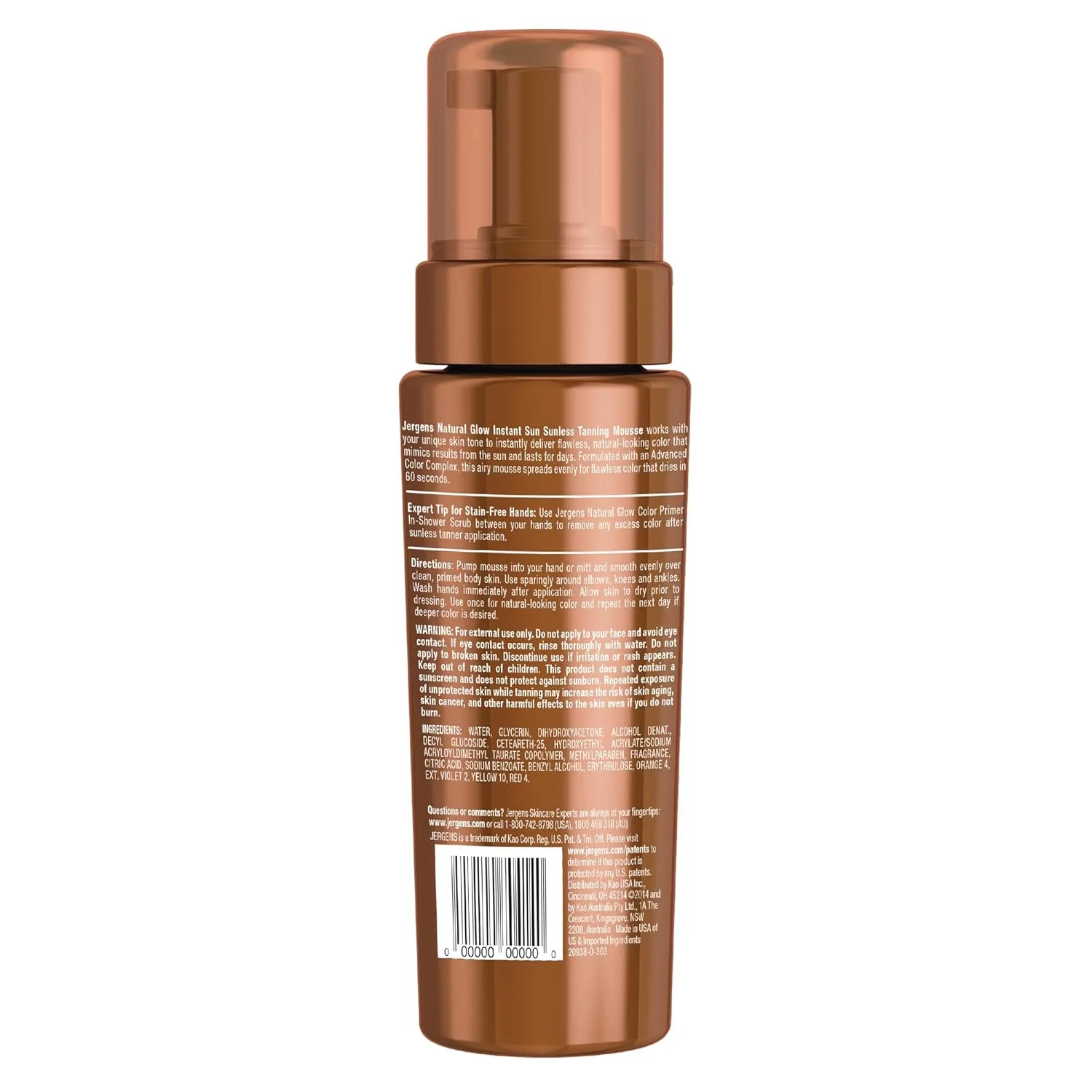 Jergens Natural Glow Instant Sun Body Mousse, Self Tanner for Deep Bronze Tan, Sunless Tanning Body Bronzer for Natural Looking Color Instantly, 6 Oz