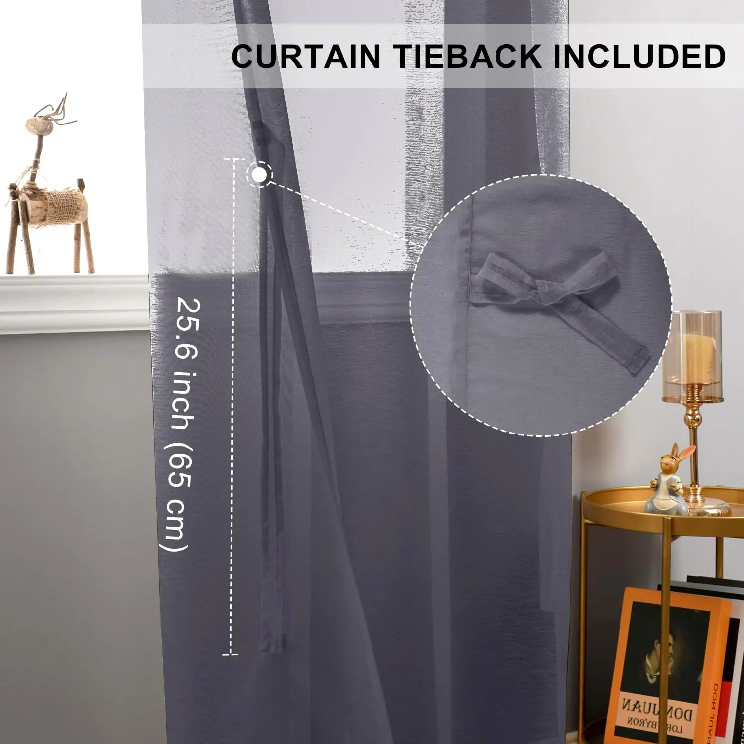 JIUZHEN Dark Grey Sheer Curtains 84 Inches Long - Semi Transparent Light Filtering Grommet Window Drapes for Living Room/Bedroom, 52Wx 84L, Set of 2 with Tiebacks
