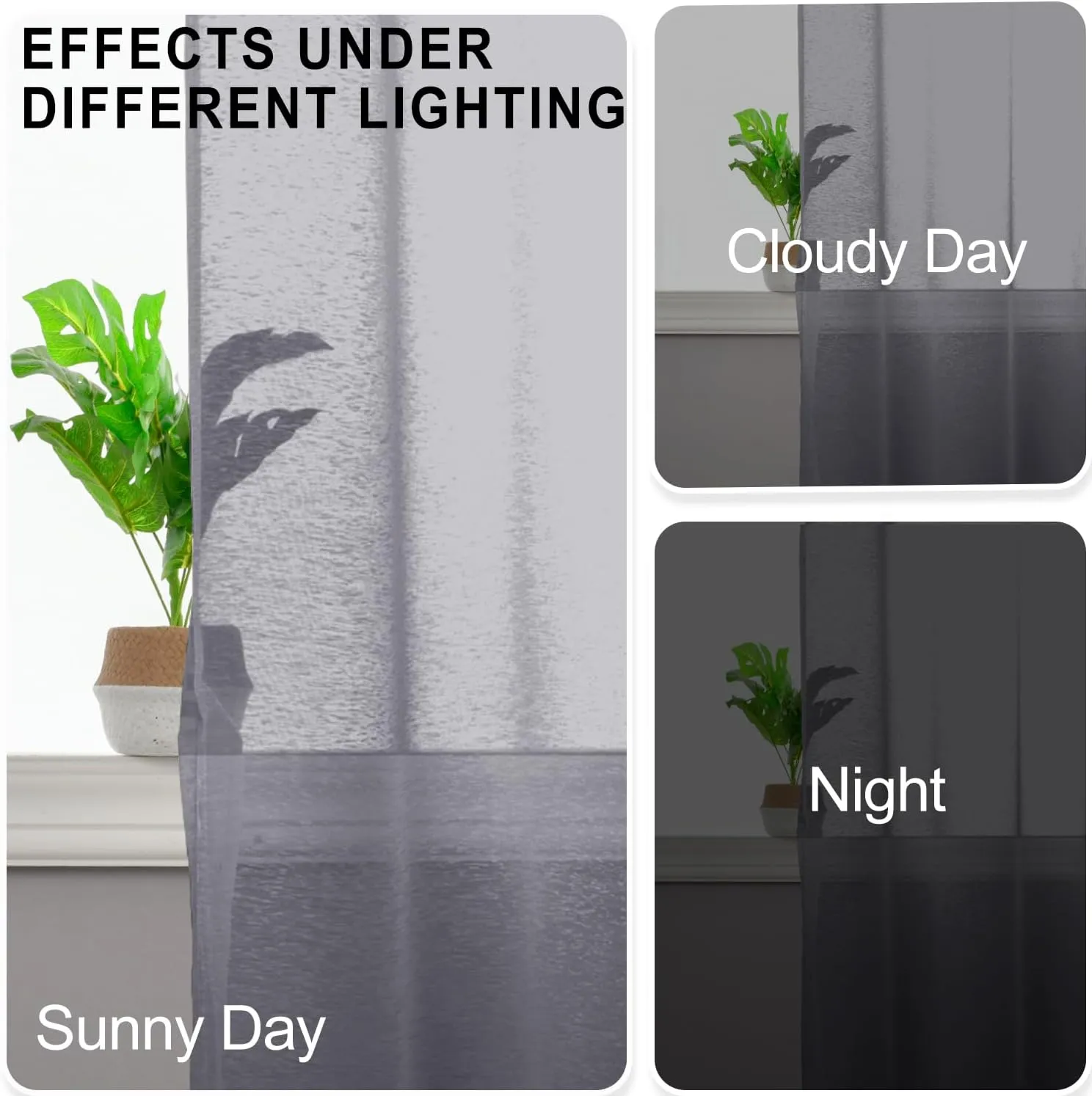 JIUZHEN Dark Grey Sheer Curtains 84 Inches Long - Semi Transparent Light Filtering Grommet Window Drapes for Living Room/Bedroom, 52Wx 84L, Set of 2 with Tiebacks