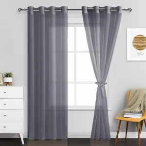 JIUZHEN Dark Grey Sheer Curtains 84 Inches Long - Semi Transparent Light Filtering Grommet Window Drapes for Living Room/Bedroom, 52Wx 84L, Set of 2 with Tiebacks