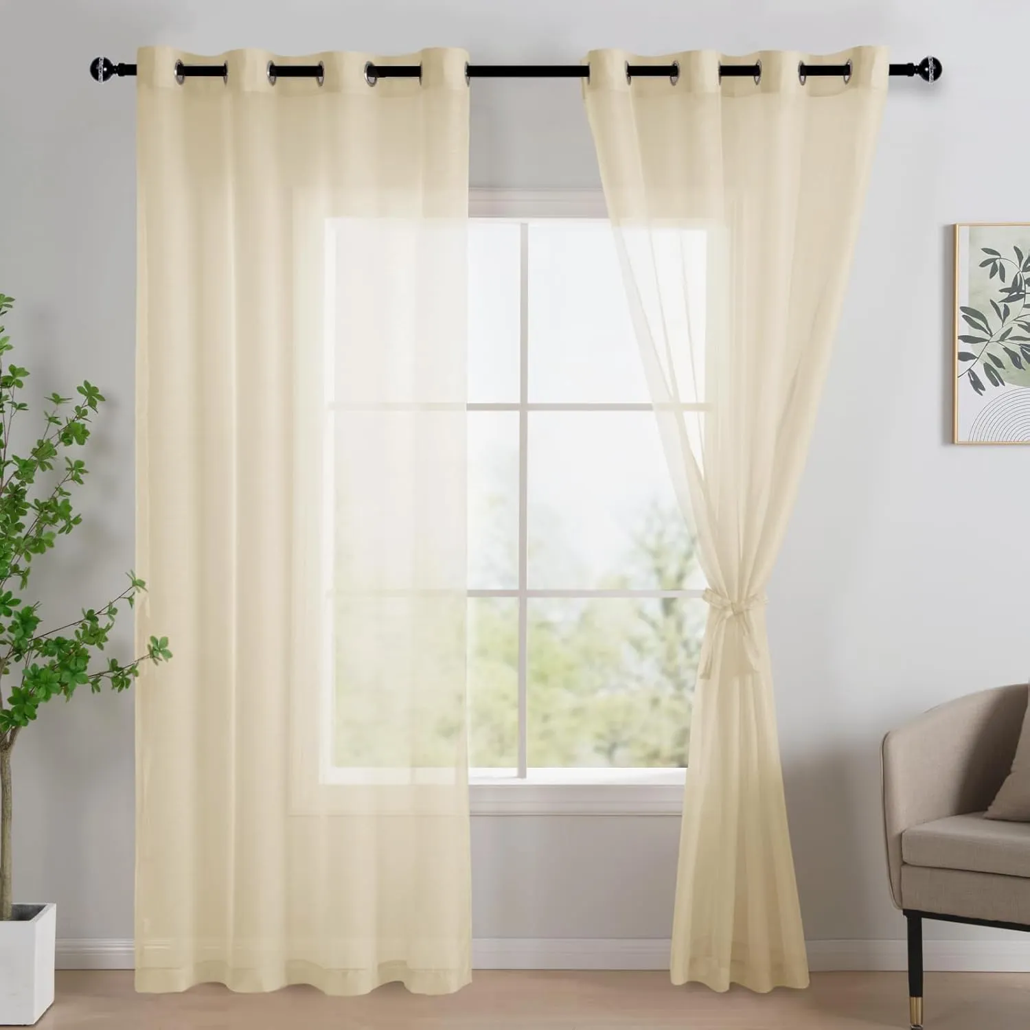 JIUZHEN Semi Sheer Curtains for Living Room - 84 inches Long with Tiebacks Light Filtering Grommet Window Curtains for Balcony/Office, 52Wx 84L, Set of 2 Panels,Beige