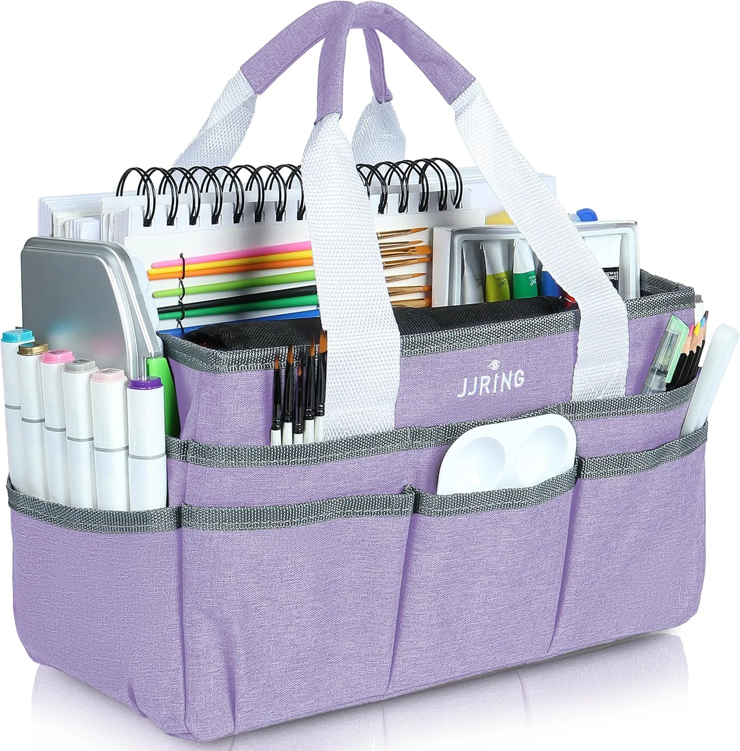 JJRING Craft Organizer Tote Bag, Art Storage Caddy with Multiple Pockets, Lilac Sewing Bag for Art, Craft, Scrapbooking, Medical, and Office Supplies Storage