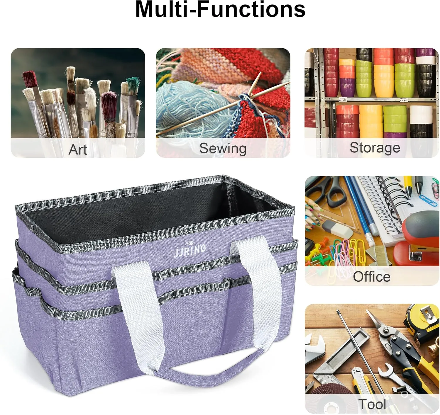 JJRING Craft Organizer Tote Bag, Art Storage Caddy with Multiple Pockets, Lilac Sewing Bag for Art, Craft, Scrapbooking, Medical, and Office Supplies Storage