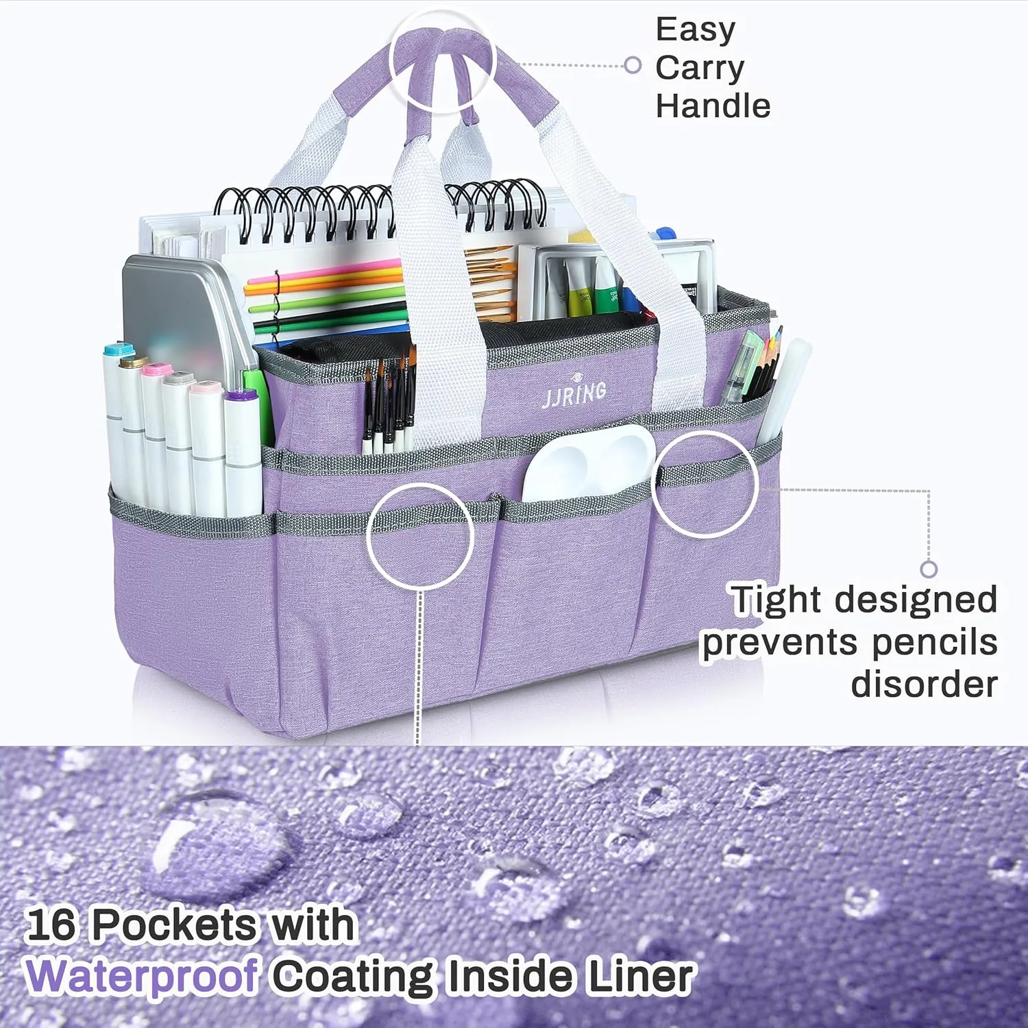 JJRING Craft Organizer Tote Bag, Art Storage Caddy with Multiple Pockets, Lilac Sewing Bag for Art, Craft, Scrapbooking, Medical, and Office Supplies Storage