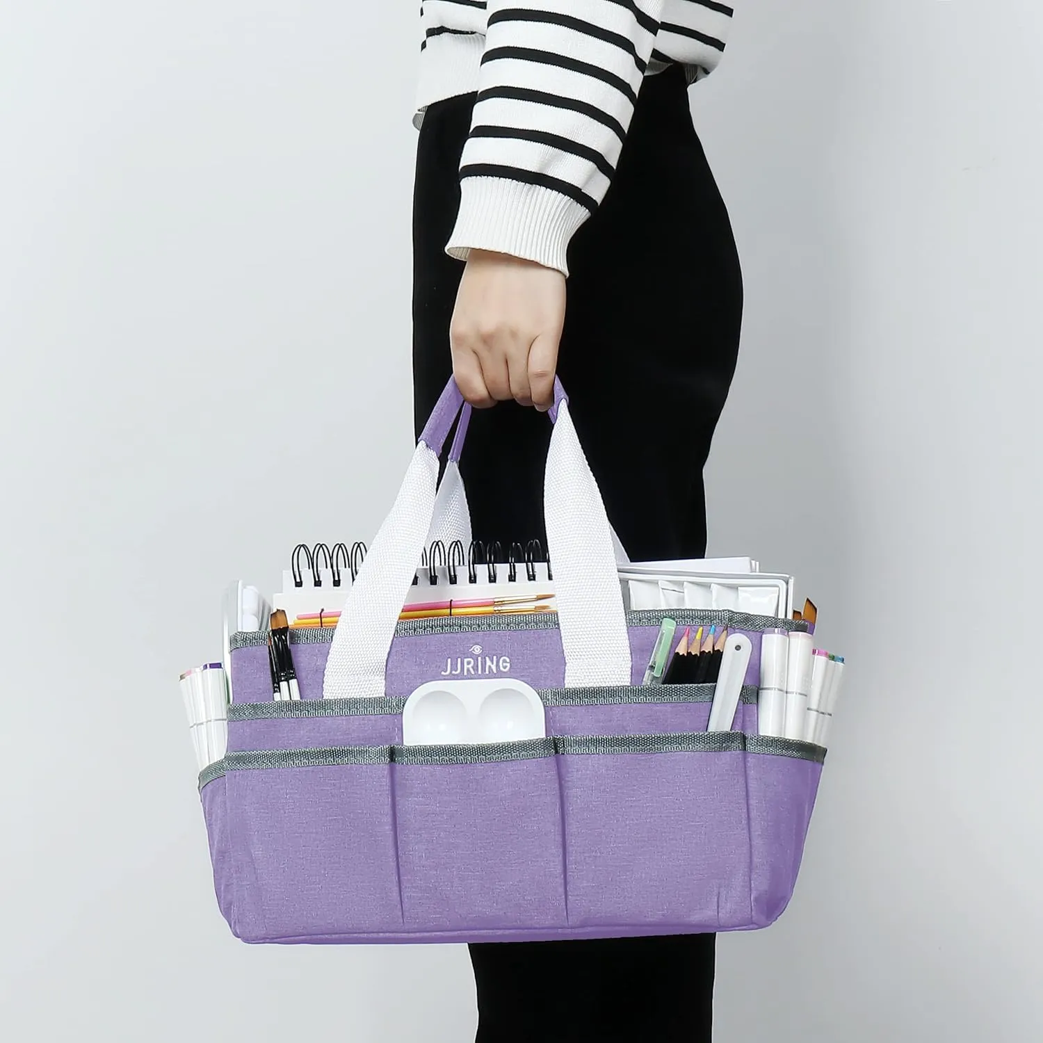 JJRING Craft Organizer Tote Bag, Art Storage Caddy with Multiple Pockets, Lilac Sewing Bag for Art, Craft, Scrapbooking, Medical, and Office Supplies Storage