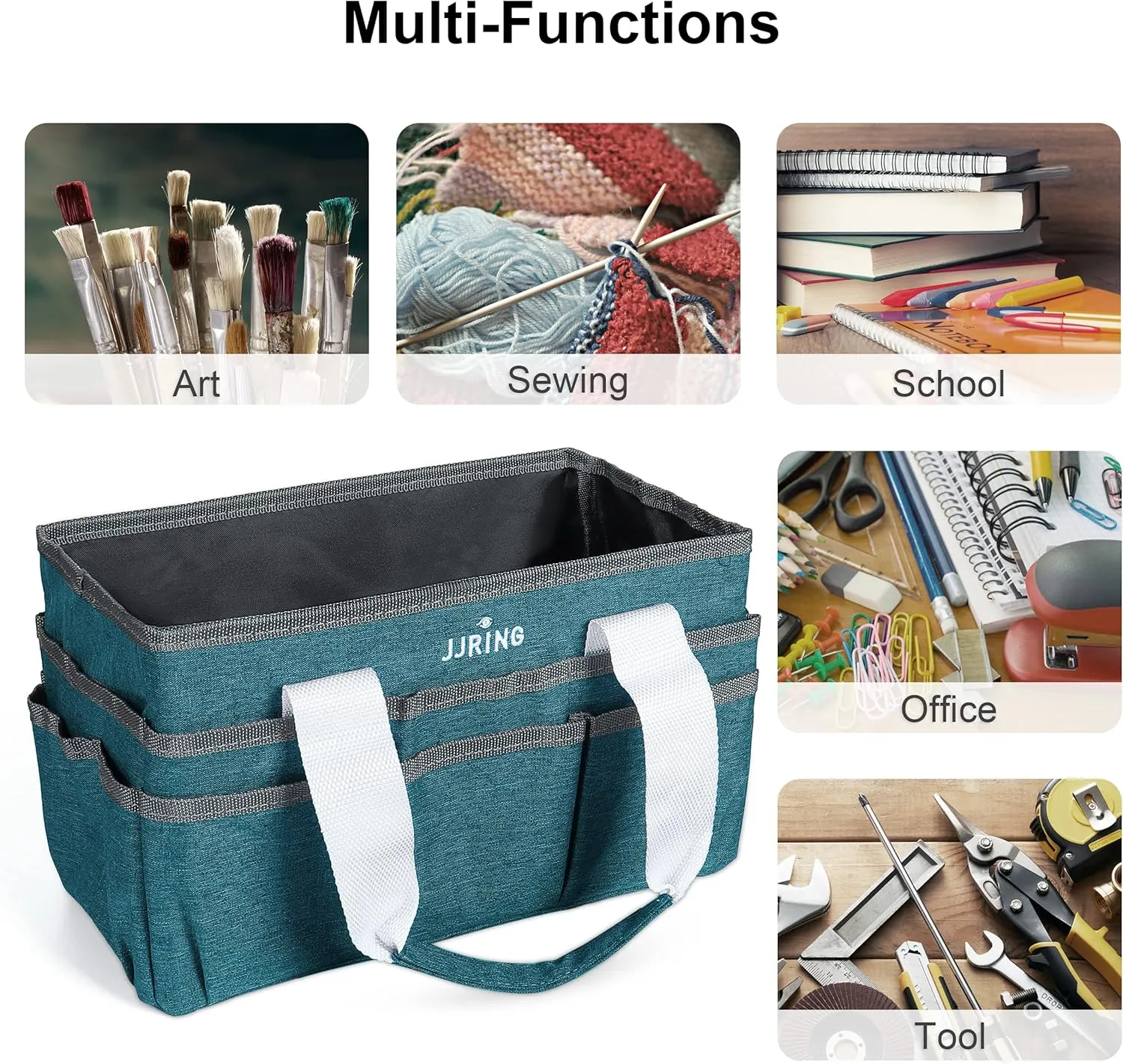 JJRING Craft Organizer Tote Bag for Art Storage, Caddy with Multiple Pockets, Bluish Green Sewing Bag for Scrapbooking, School, Medical, and Office Supplies