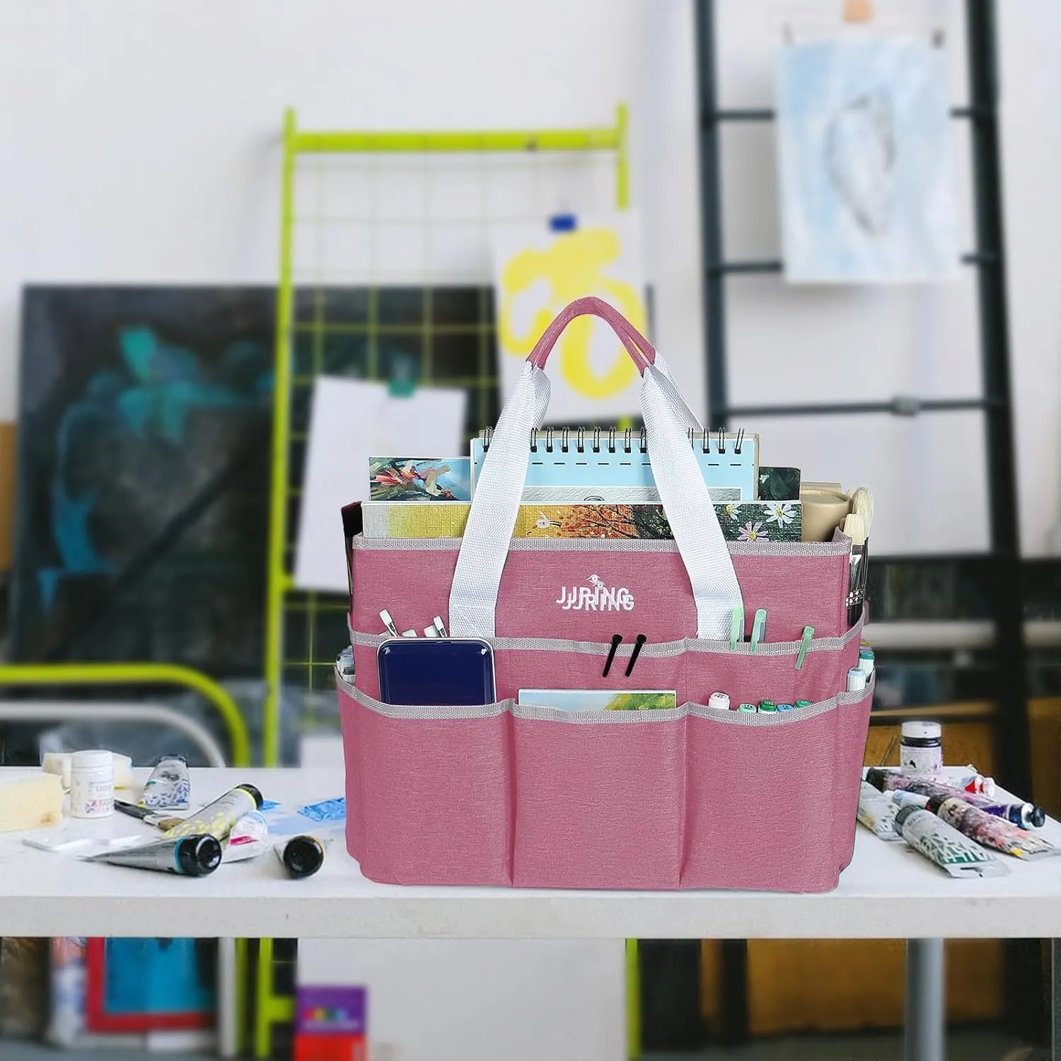 JJRING Craft Organizer Tote Bag, Large Art Storage Caddy with Multiple Pockets, Pink Sewing Bag for Art, Craft, Scrapbooking, Medical, and Office Supplies Storage