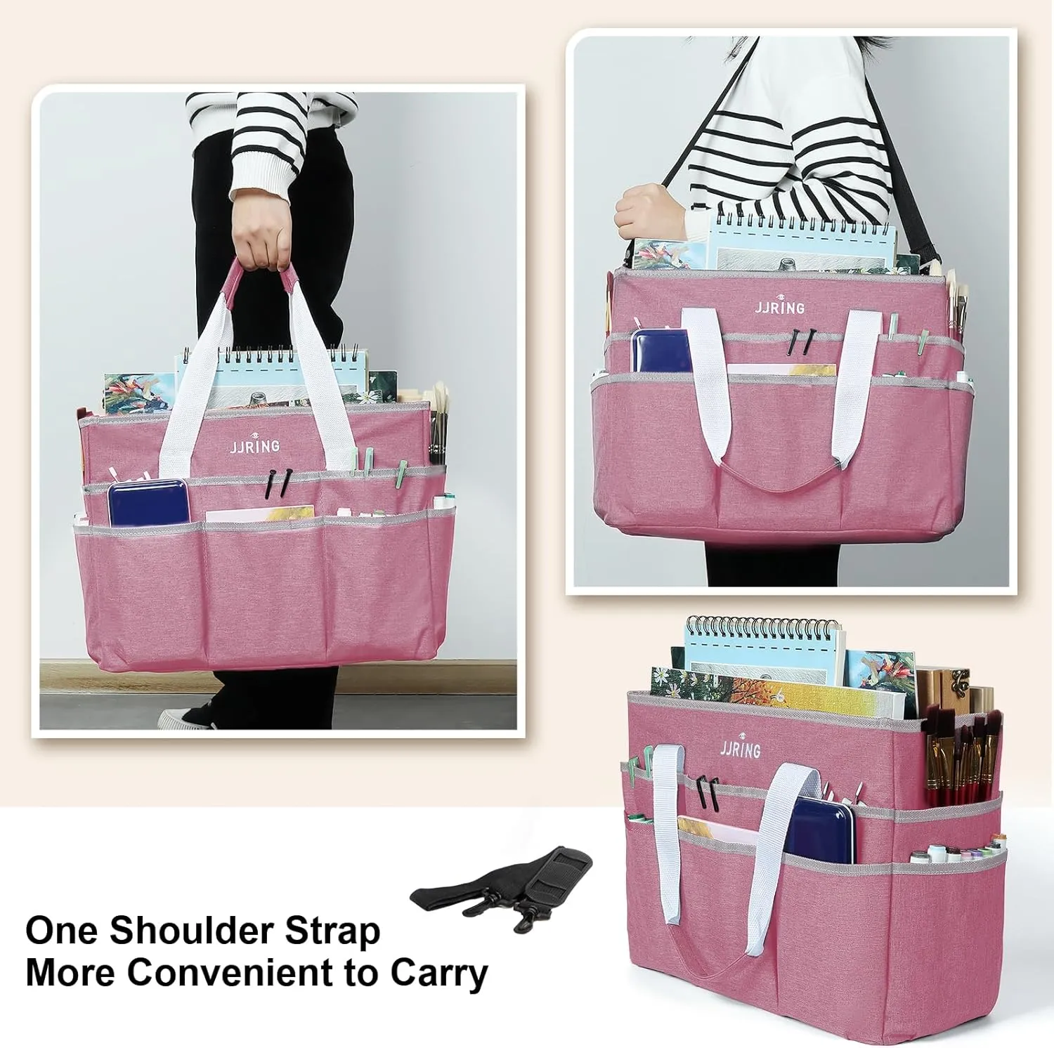 JJRING Craft Organizer Tote Bag, Large Art Storage Caddy with Multiple Pockets, Pink Sewing Bag for Art, Craft, Scrapbooking, Medical, and Office Supplies Storage