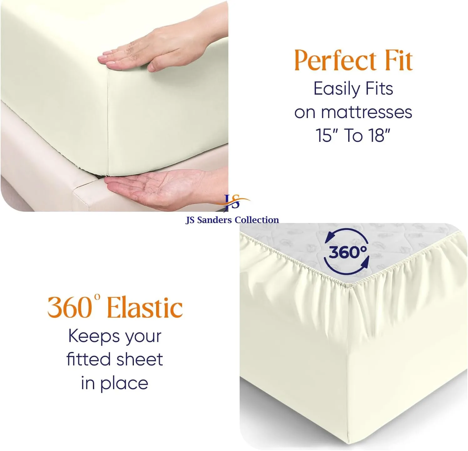 JS Sanders Collection 600TC Flex Top Cal-King Sheets for Sleep Number Bed - 100% Cotton 4 Pcs Top Split Cal-King Sheets for Adjustable Bed, Cal-King 28 Inch Down Sheets Ivory -18 Inch Deep Sheets