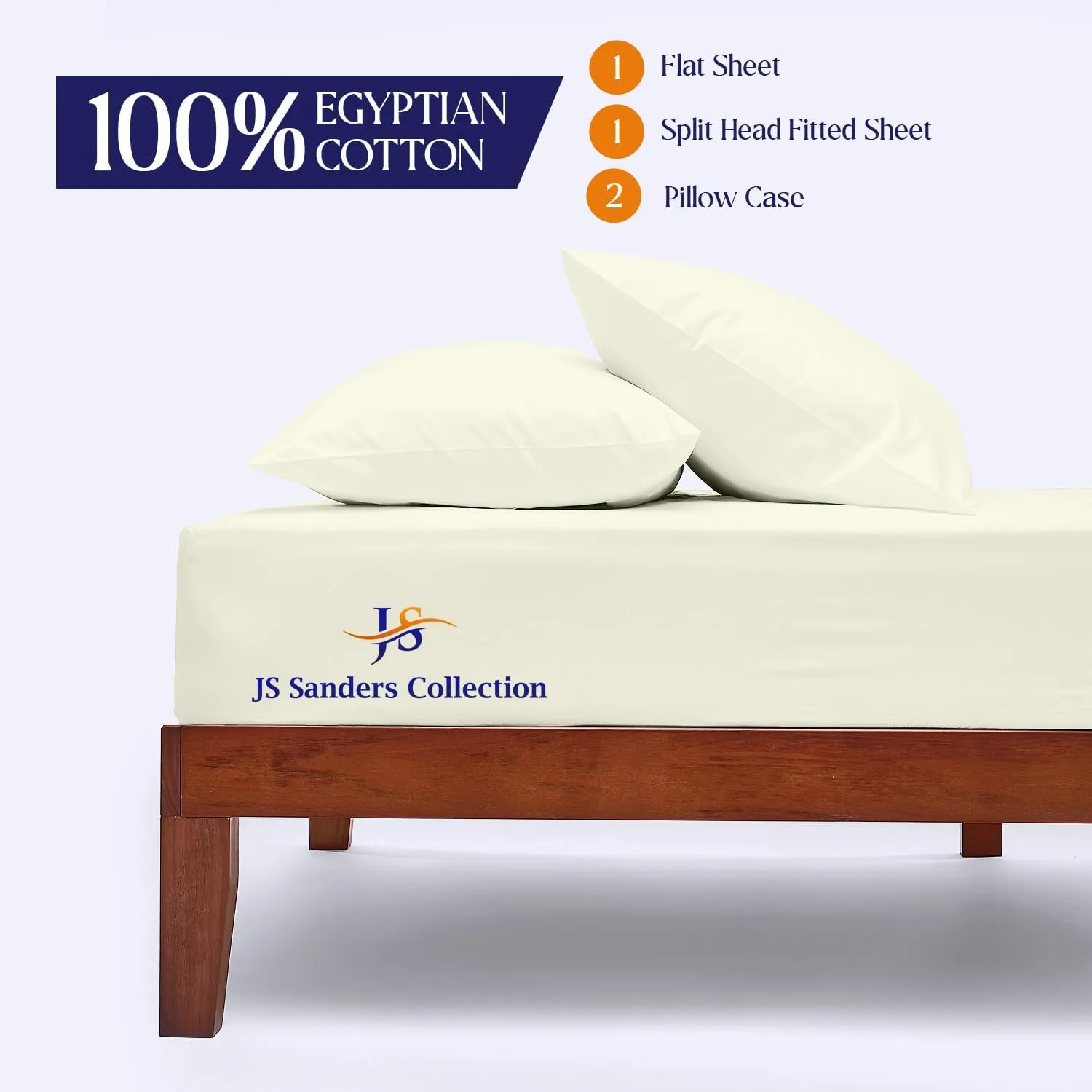 JS Sanders Collection 600TC Flex Top Cal-King Sheets for Sleep Number Bed - 100% Cotton 4 Pcs Top Split Cal-King Sheets for Adjustable Bed, Cal-King 28 Inch Down Sheets Ivory -18 Inch Deep Sheets