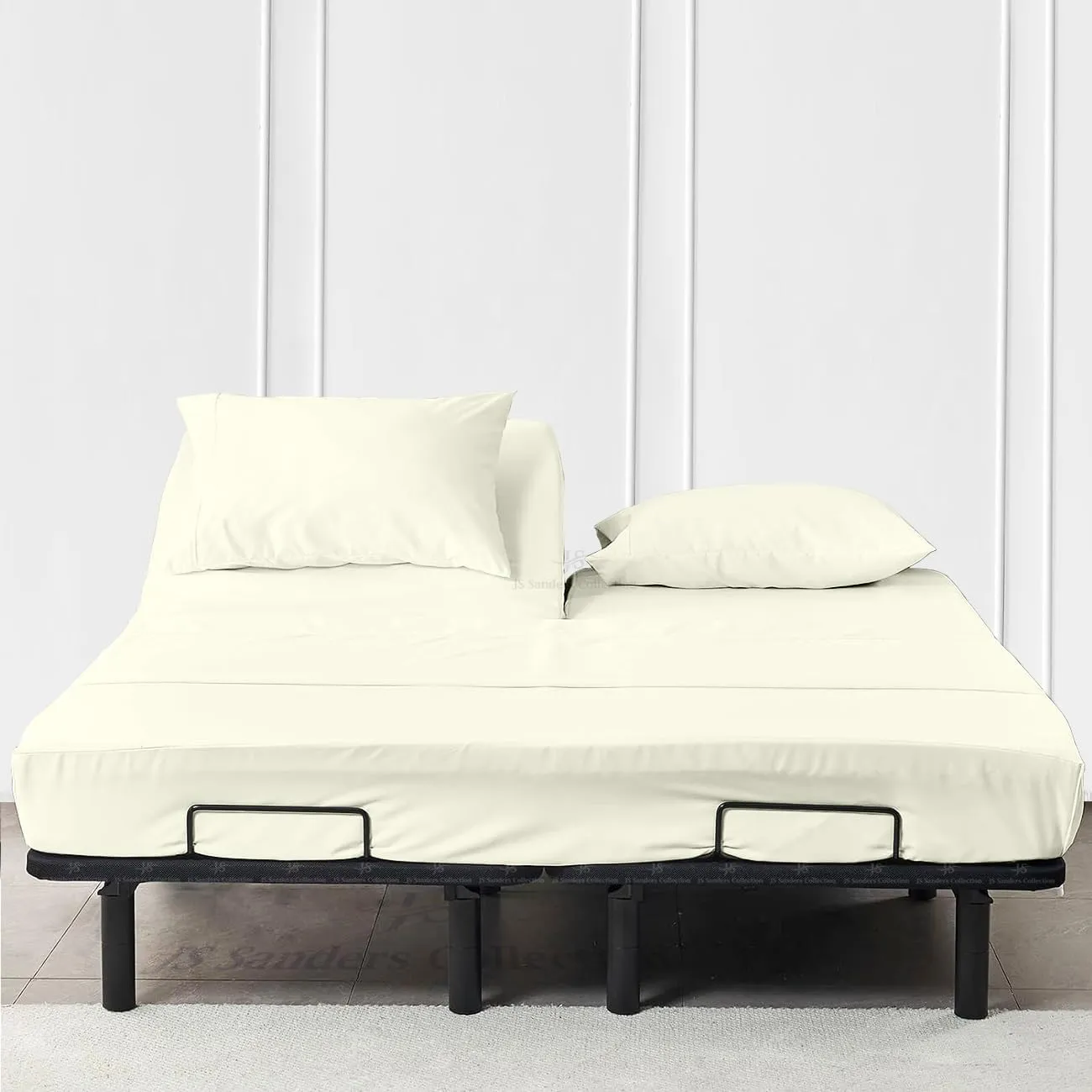 JS Sanders Collection 600TC Flex Top Cal-King Sheets for Sleep Number Bed - 100% Cotton 4 Pcs Top Split Cal-King Sheets for Adjustable Bed, Cal-King 28 Inch Down Sheets Ivory -18 Inch Deep Sheets