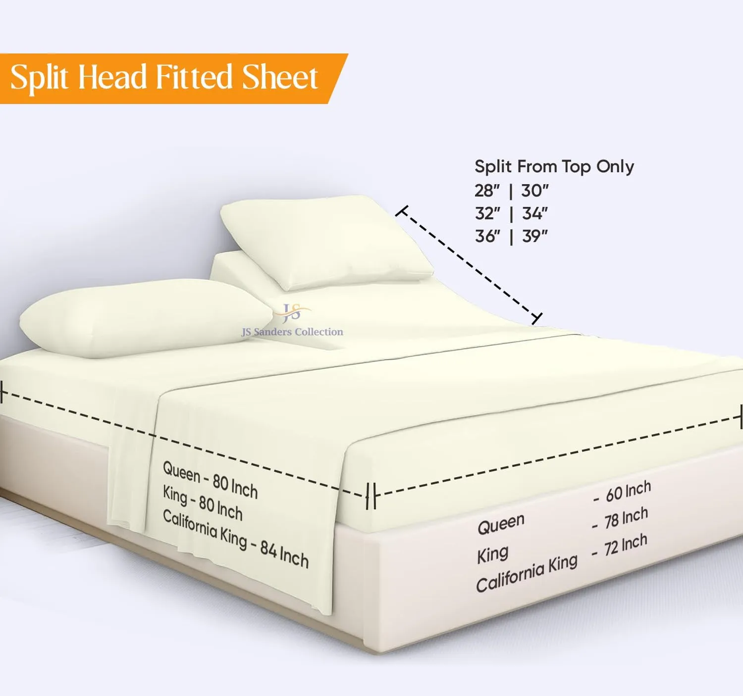 JS Sanders Collection 600TC Flex Top Cal-King Sheets for Sleep Number Bed - 100% Cotton 4 Pcs Top Split Cal-King Sheets for Adjustable Bed, Cal-King 28 Inch Down Sheets Ivory -18 Inch Deep Sheets