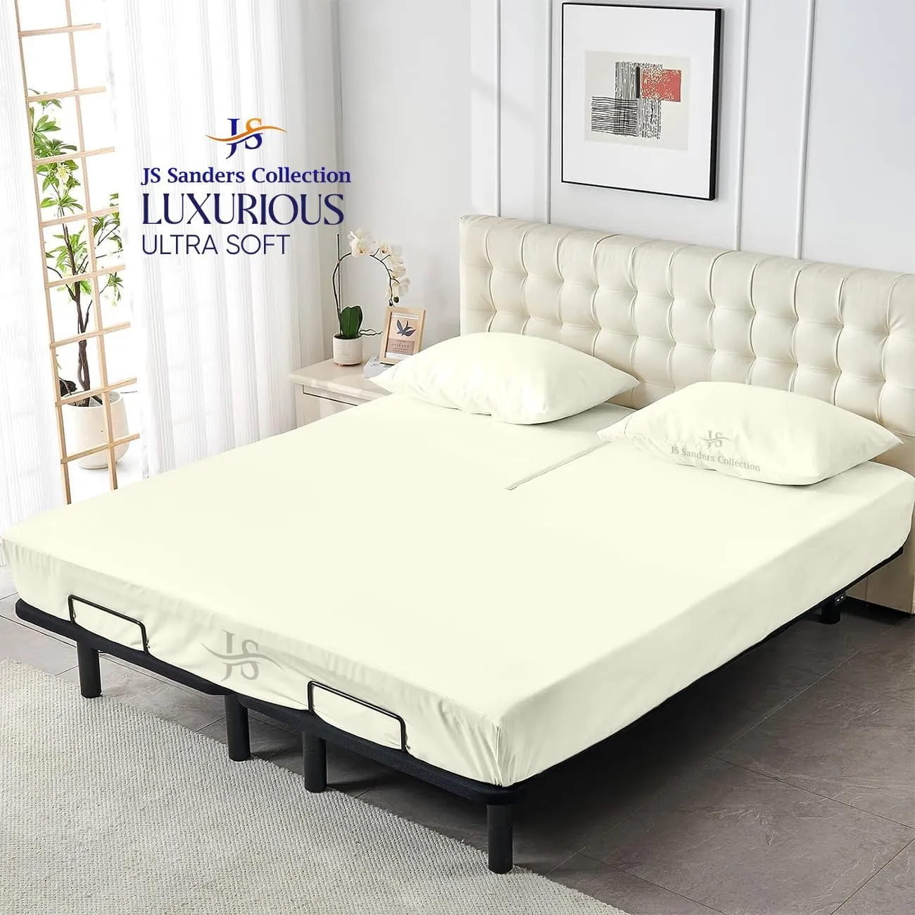 JS Sanders Collection 600TC Flex Top Cal-King Sheets for Sleep Number Bed - 100% Cotton 4 Pcs Top Split Cal-King Sheets for Adjustable Bed, Cal-King 28 Inch Down Sheets Ivory -18 Inch Deep Sheets