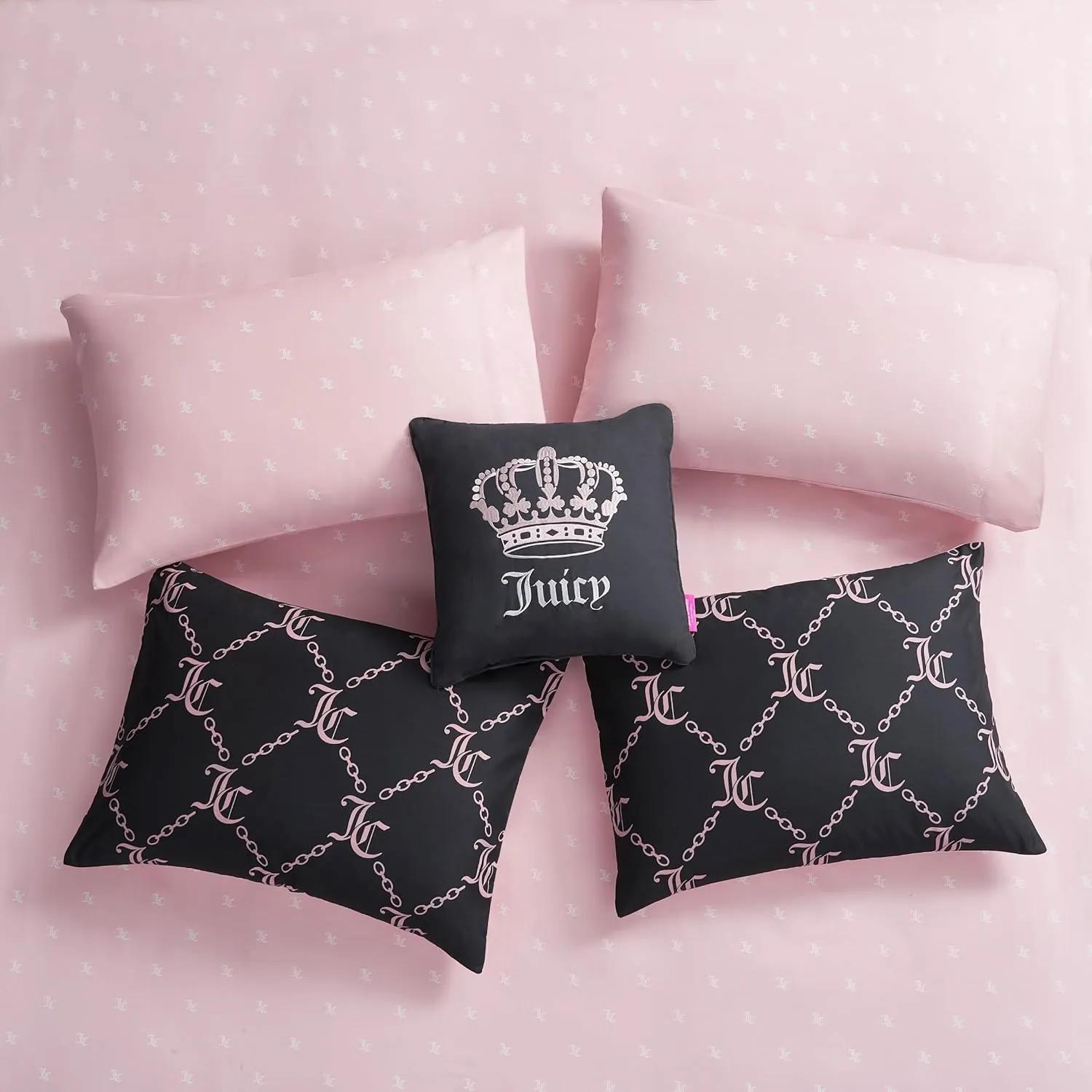 Juicy Couture Black Link Logo Printed Comforter Set, Queen – Complete 8-Piece Bed in a Bag Collection