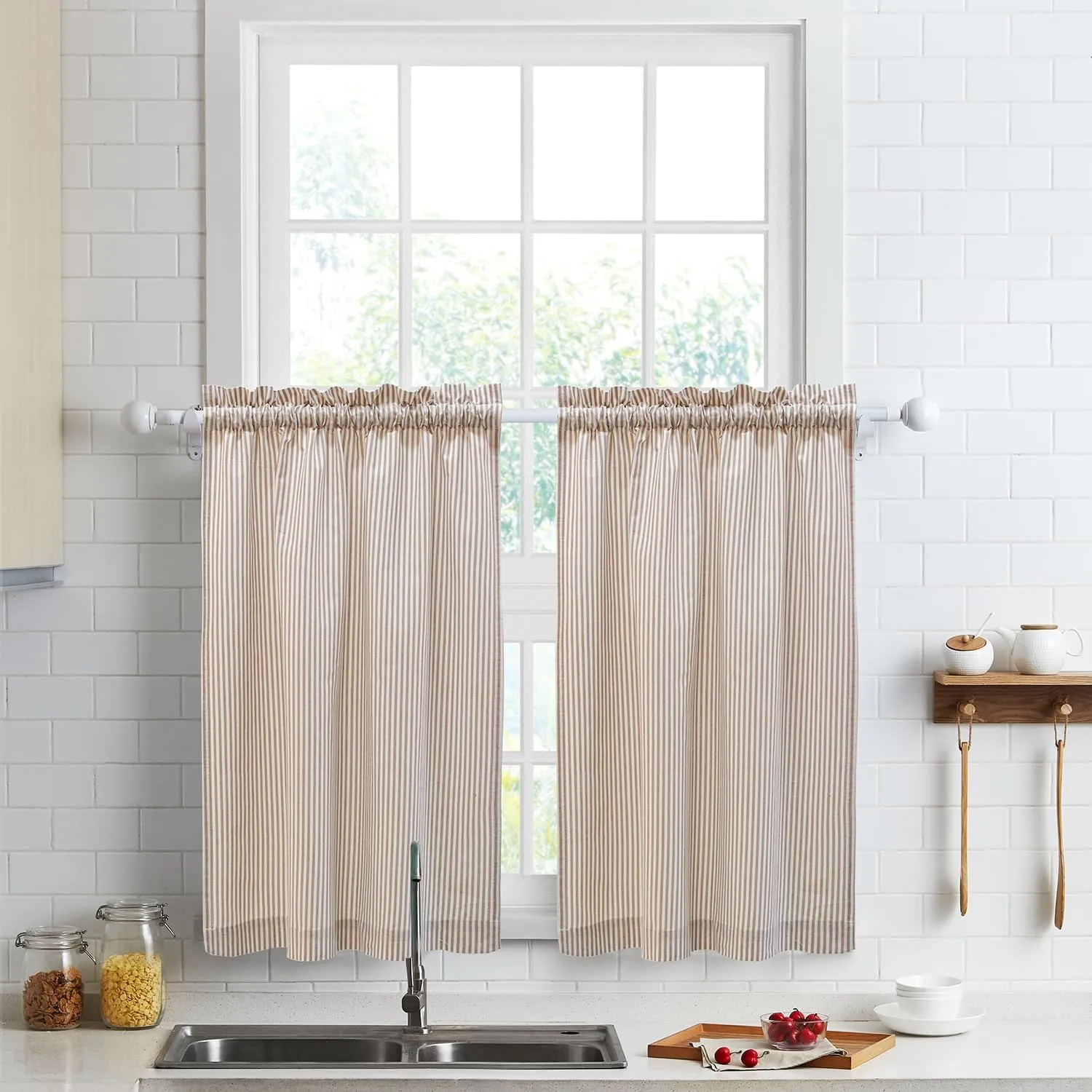 July Joy Cotton Tier Curtains 36 Inches Long Country Kitchen Curtains Rod Pocket for Small Window Bathroom Farmhouse 27" x 36" x 2, Linen