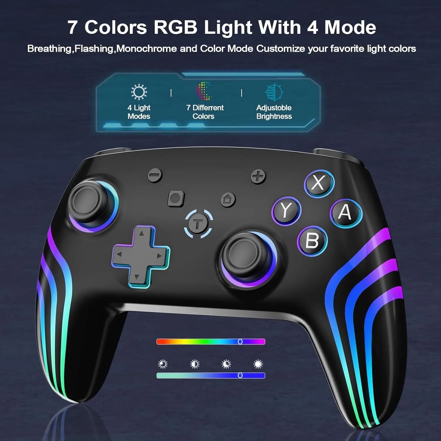 JUNHUAN Wireless Switch Controller with Hall Triggers, PC Pro Controllers for Nintendo Switch/Lite/OLED/PC/Android/IOS/Steam with 7-Cool RGB LEDs, 6-Axis Gyro Sensor Wake-up Vibration Turbo (Black)