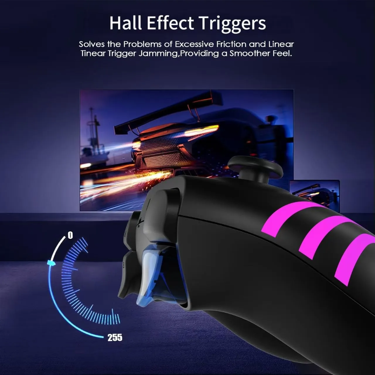 JUNHUAN Wireless Switch Controller with Hall Triggers, PC Pro Controllers for Nintendo Switch/Lite/OLED/PC/Android/IOS/Steam with 7-Cool RGB LEDs, 6-Axis Gyro Sensor Wake-up Vibration Turbo (Black)