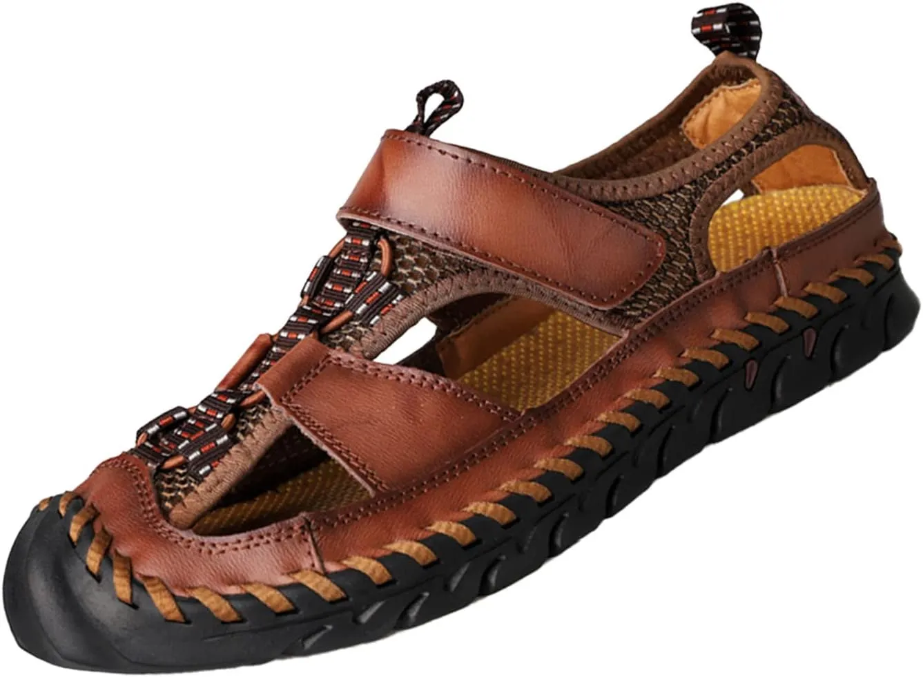 Keilinia Men's Summer Closed Toe Hiking Sandals,Comfy Breathe Leather Splicing Mesh Non-Slip Softsole Outdoor Travel Beach Shoes