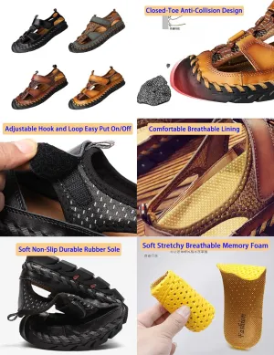 Keilinia Men's Summer Closed Toe Hiking Sandals,Comfy Breathe Leather Splicing Mesh Non-Slip Softsole Outdoor Travel Beach Shoes