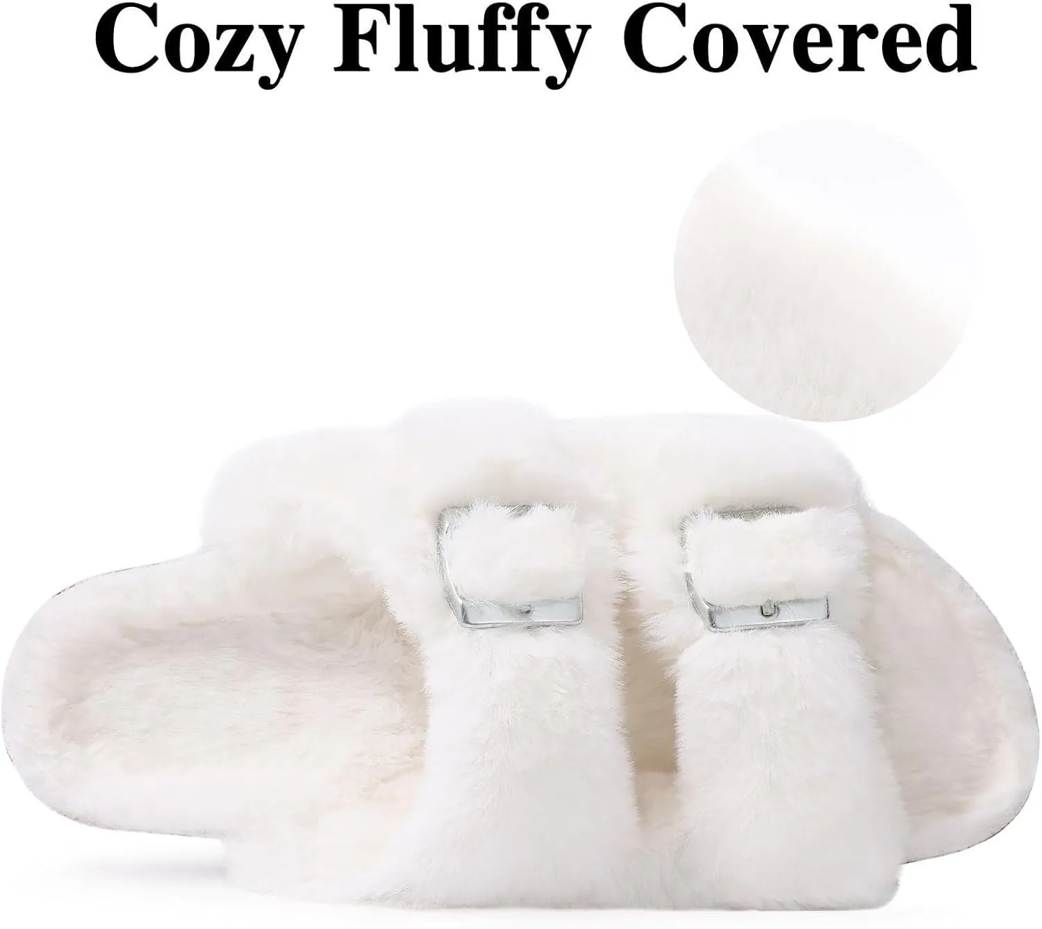 KIDMI Fuzzy Slippers Women with Cork Footbed Fluffy Slides Open Toe Indoor House Shoes | Arch Support | Adjustable Buckles
