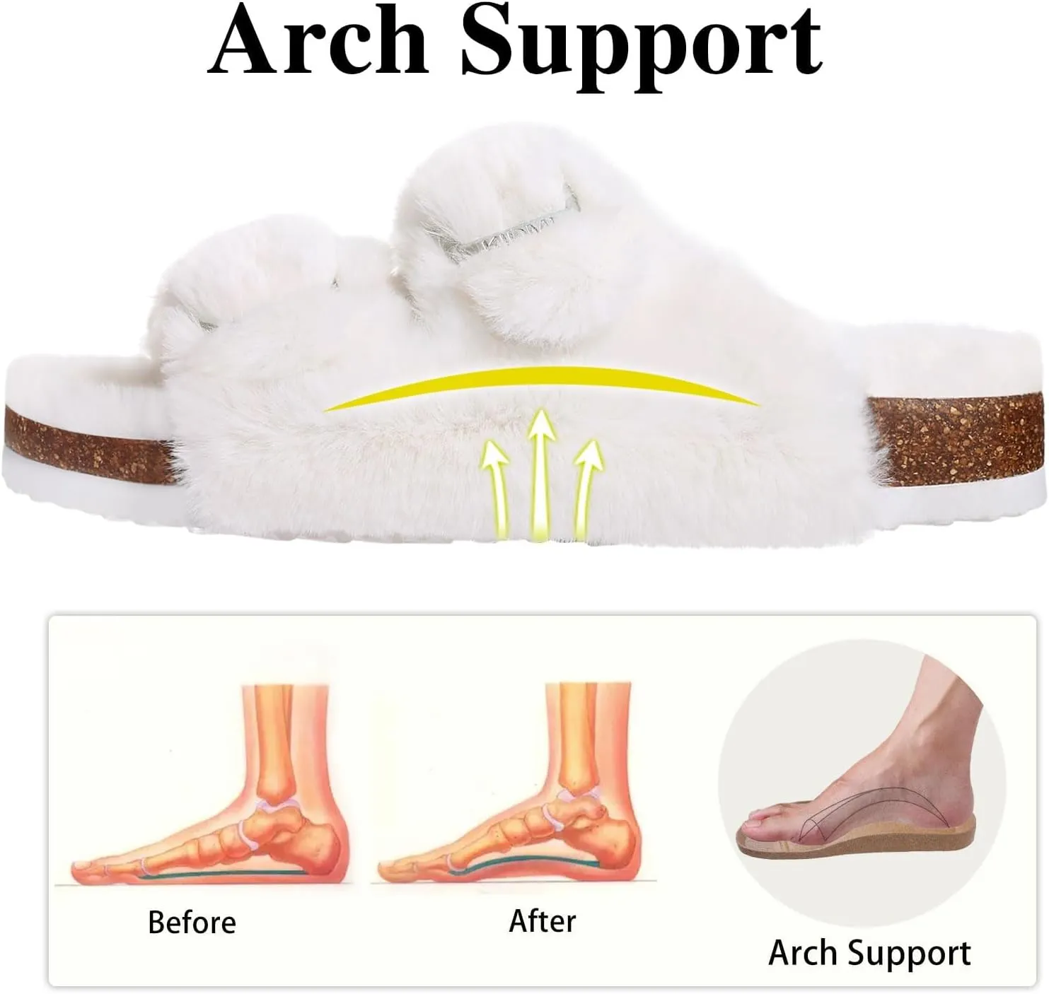 KIDMI Fuzzy Slippers Women with Cork Footbed Fluffy Slides Open Toe Indoor House Shoes | Arch Support | Adjustable Buckles