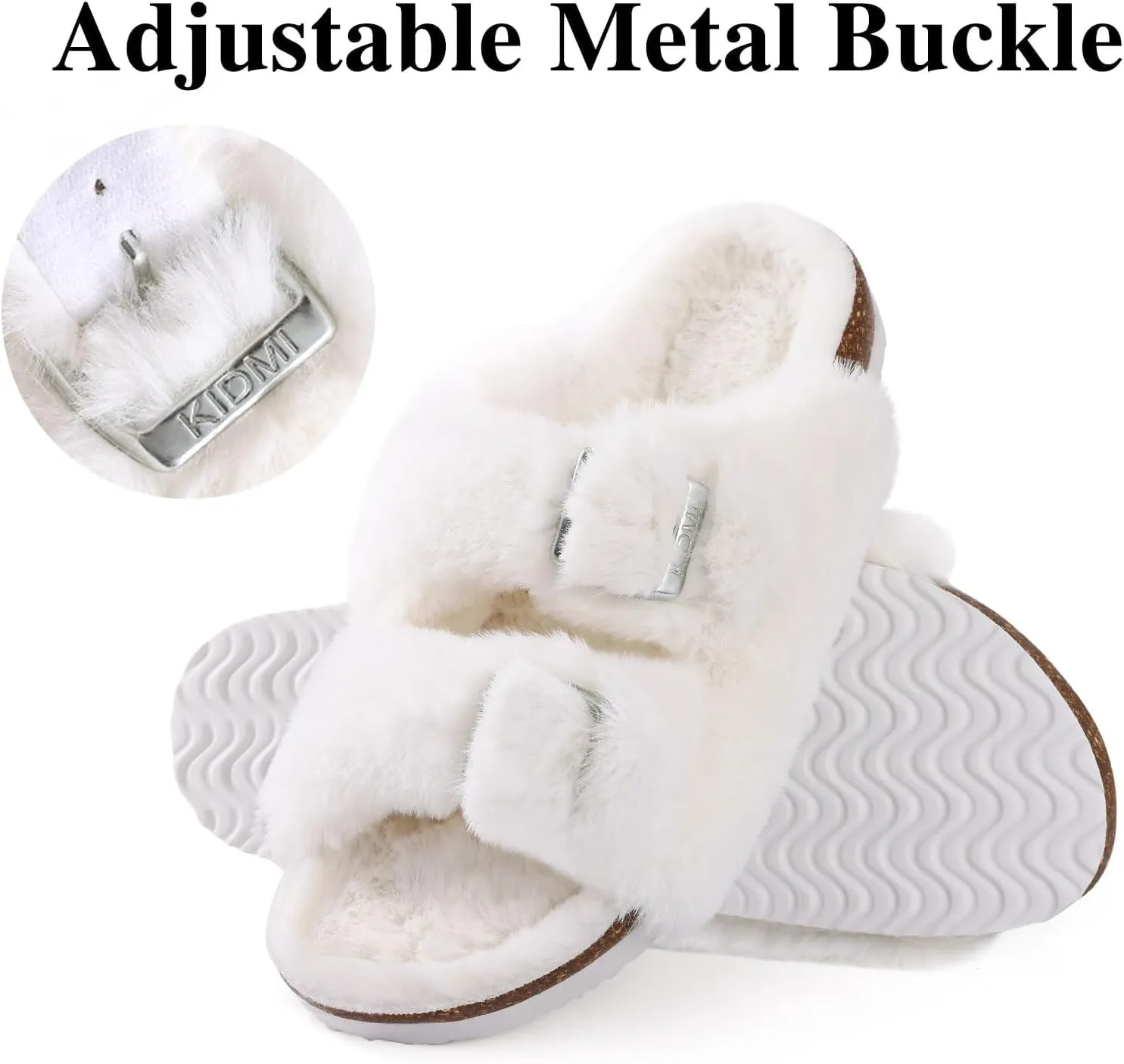 KIDMI Fuzzy Slippers Women with Cork Footbed Fluffy Slides Open Toe Indoor House Shoes | Arch Support | Adjustable Buckles