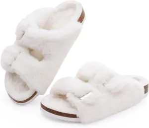 KIDMI Fuzzy Slippers Women with Cork Footbed Fluffy Slides Open Toe Indoor House Shoes | Arch Support | Adjustable Buckles