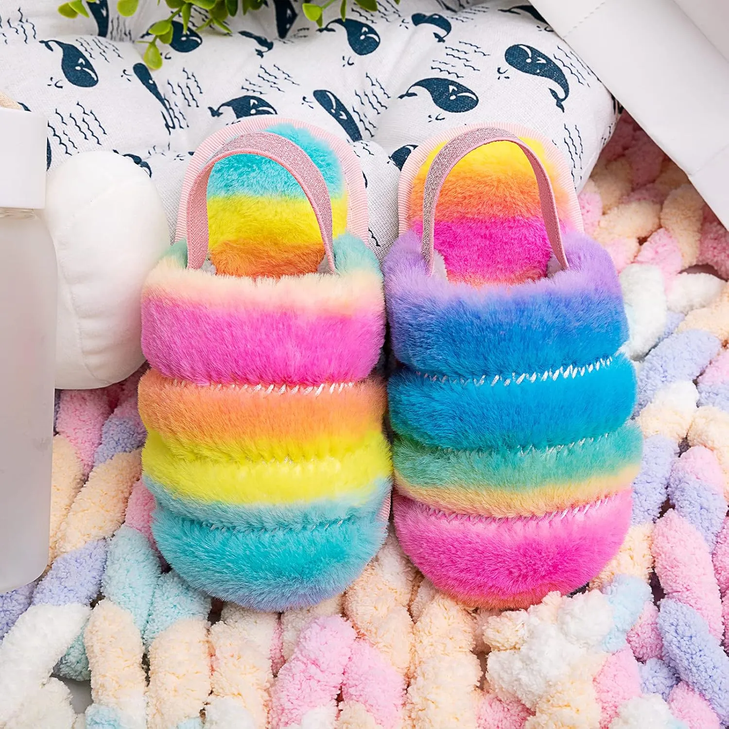 Kids Fluffy Fuzzy Slippers Open Toe House Home Slippers for Boys and Girls Faux Fur Slides with Strap Little Kids Slip-on Shoes