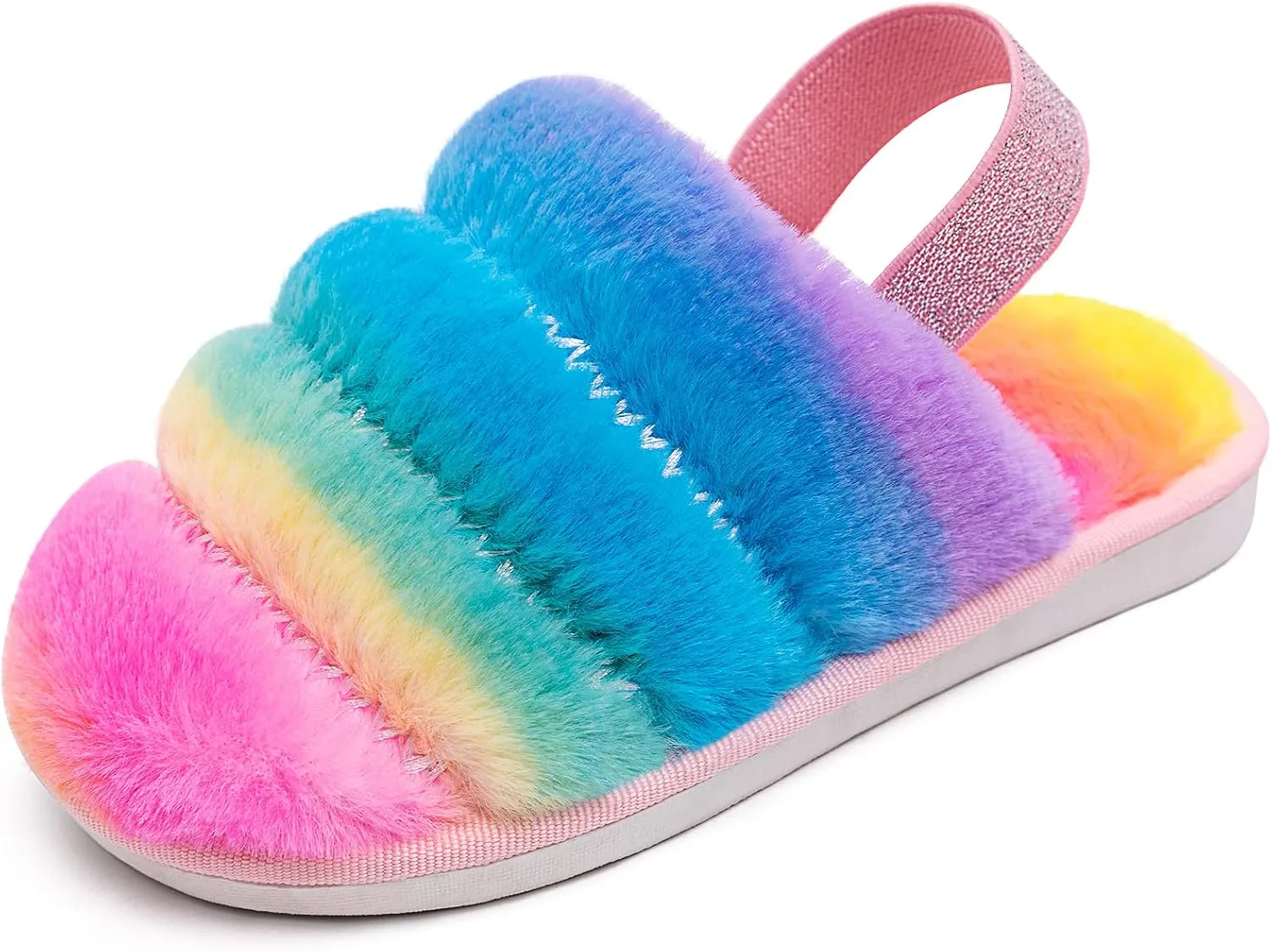 Kids Fluffy Fuzzy Slippers Open Toe House Home Slippers for Boys and Girls Faux Fur Slides with Strap Little Kids Slip-on Shoes