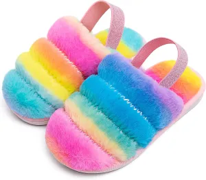 Kids Fluffy Fuzzy Slippers Open Toe House Home Slippers for Boys and Girls Faux Fur Slides with Strap Little Kids Slip-on Shoes