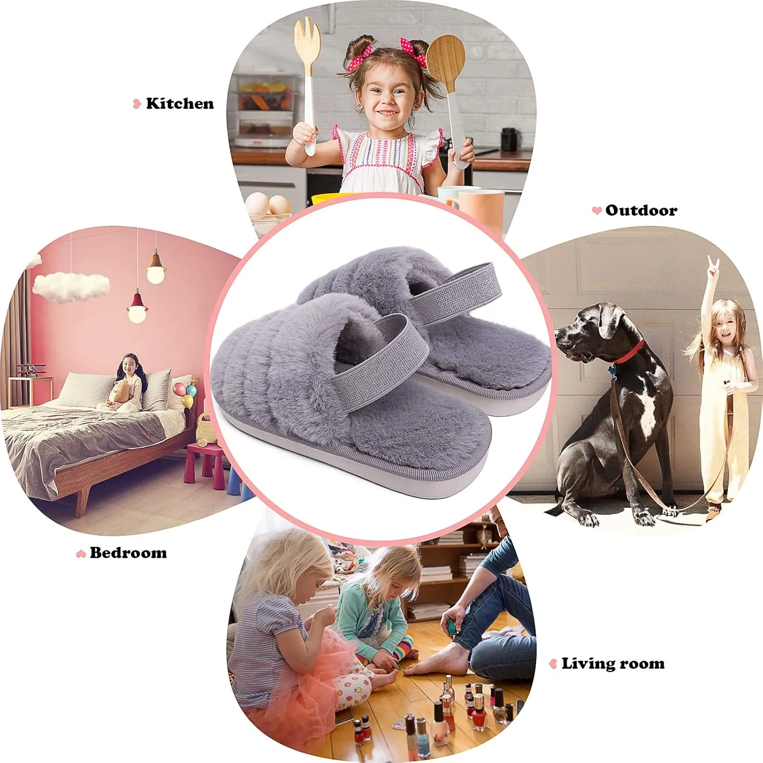 Kids Fluffy Fuzzy Slippers Open Toe House Home Slippers for Boys and Girls Faux Fur Slides with Strap Little Kids Slip-on Shoes