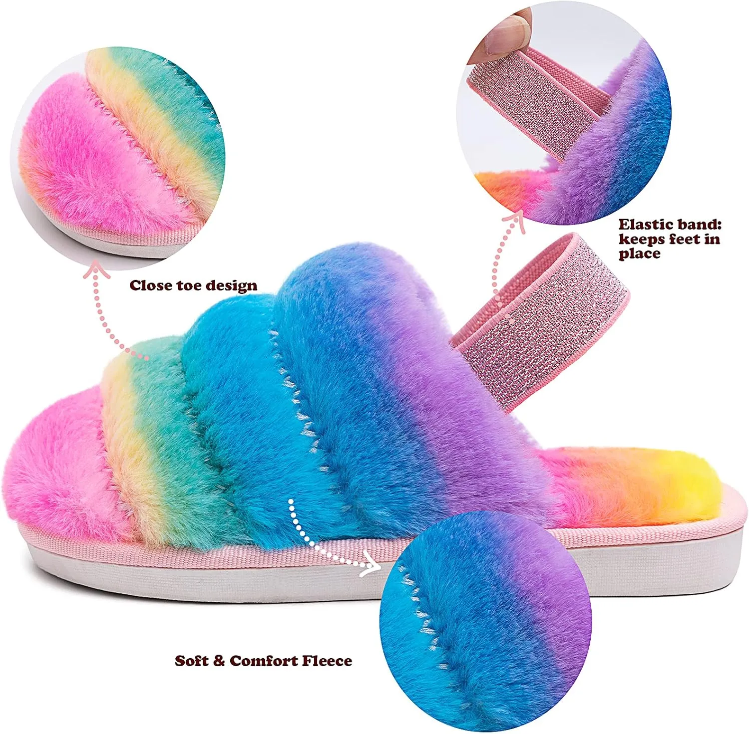 Kids Fluffy Fuzzy Slippers Open Toe House Home Slippers for Boys and Girls Faux Fur Slides with Strap Little Kids Slip-on Shoes