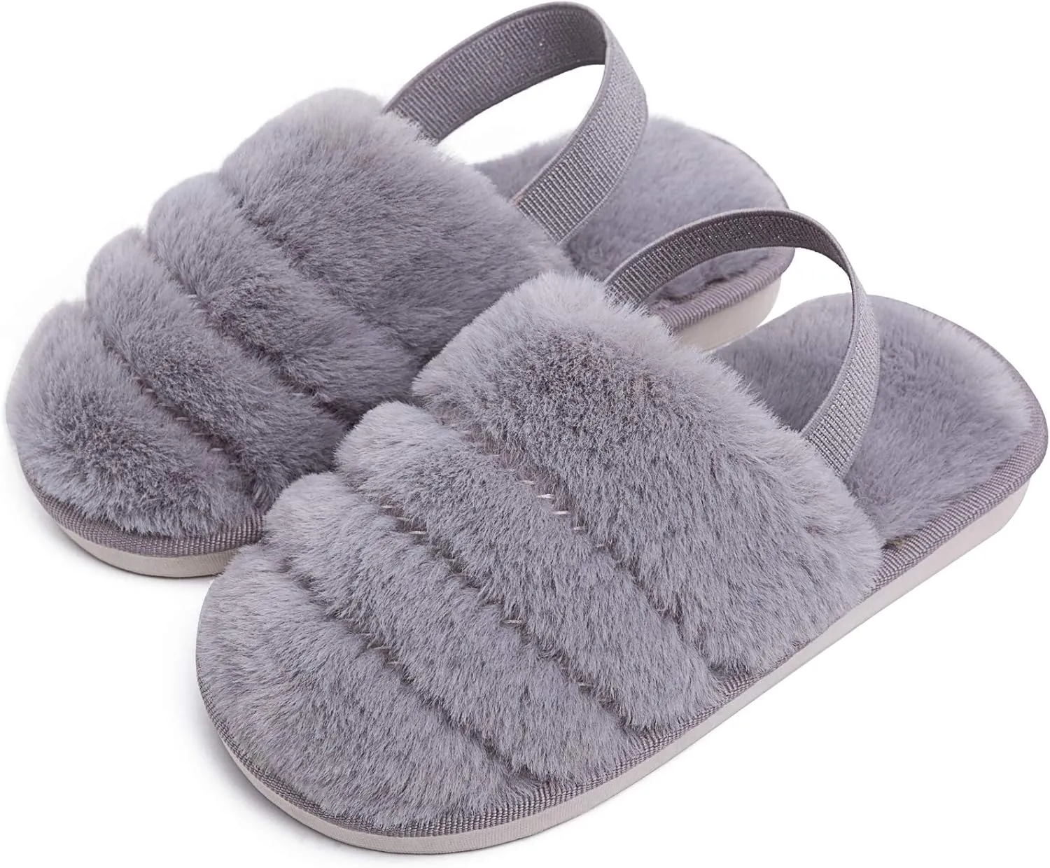 Kids Fluffy Fuzzy Slippers Open Toe House Home Slippers for Boys and Girls Faux Fur Slides with Strap Little Kids Slip-on Shoes