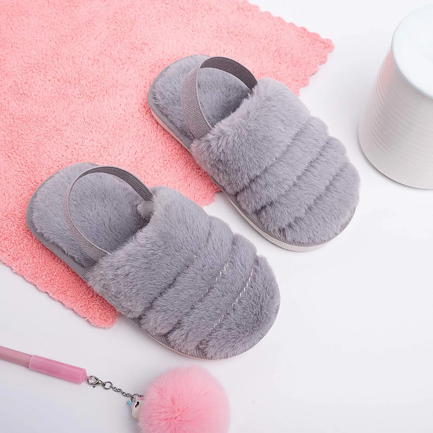 Kids Fluffy Fuzzy Slippers Open Toe House Home Slippers for Boys and Girls Faux Fur Slides with Strap Little Kids Slip-on Shoes