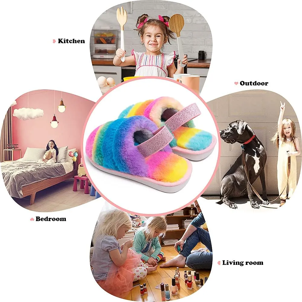 Kids Fluffy Fuzzy Slippers Open Toe House Home Slippers for Boys and Girls Faux Fur Slides with Strap Little Kids Slip-on Shoes